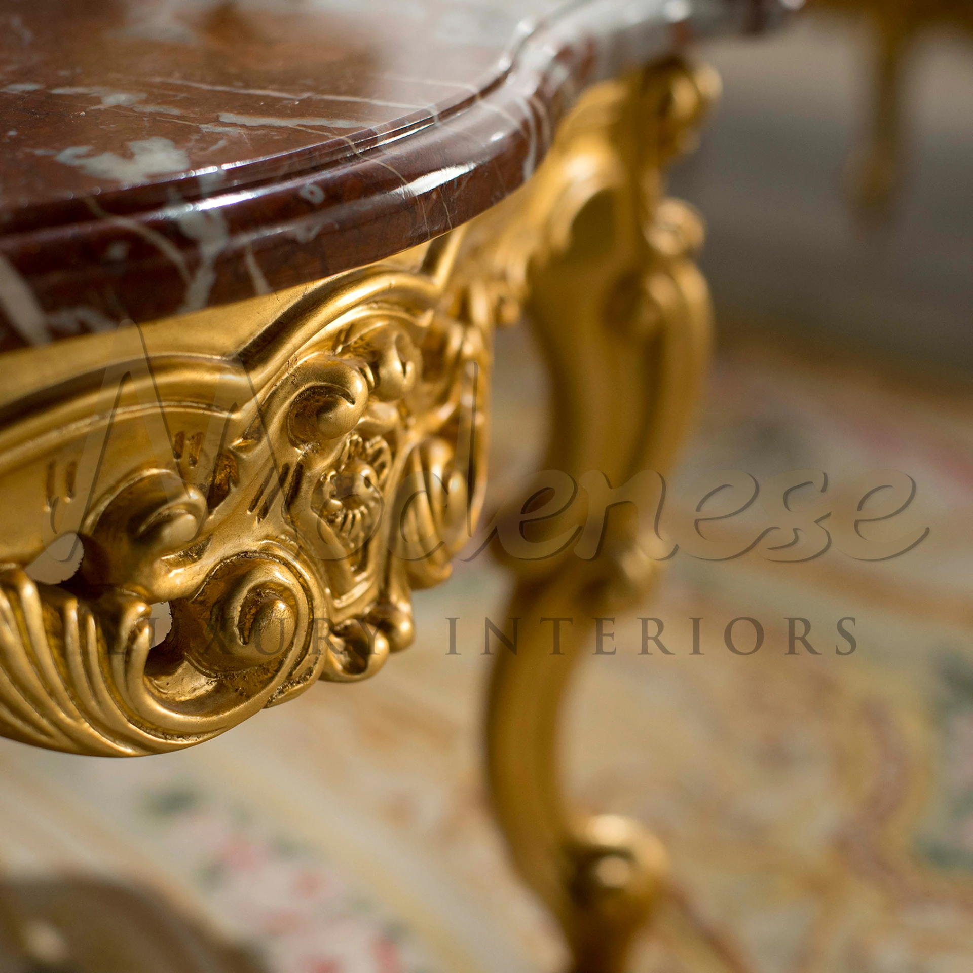 Discover the perfect balance of form and function with our Rosso Francia Figured Coffee Table. 