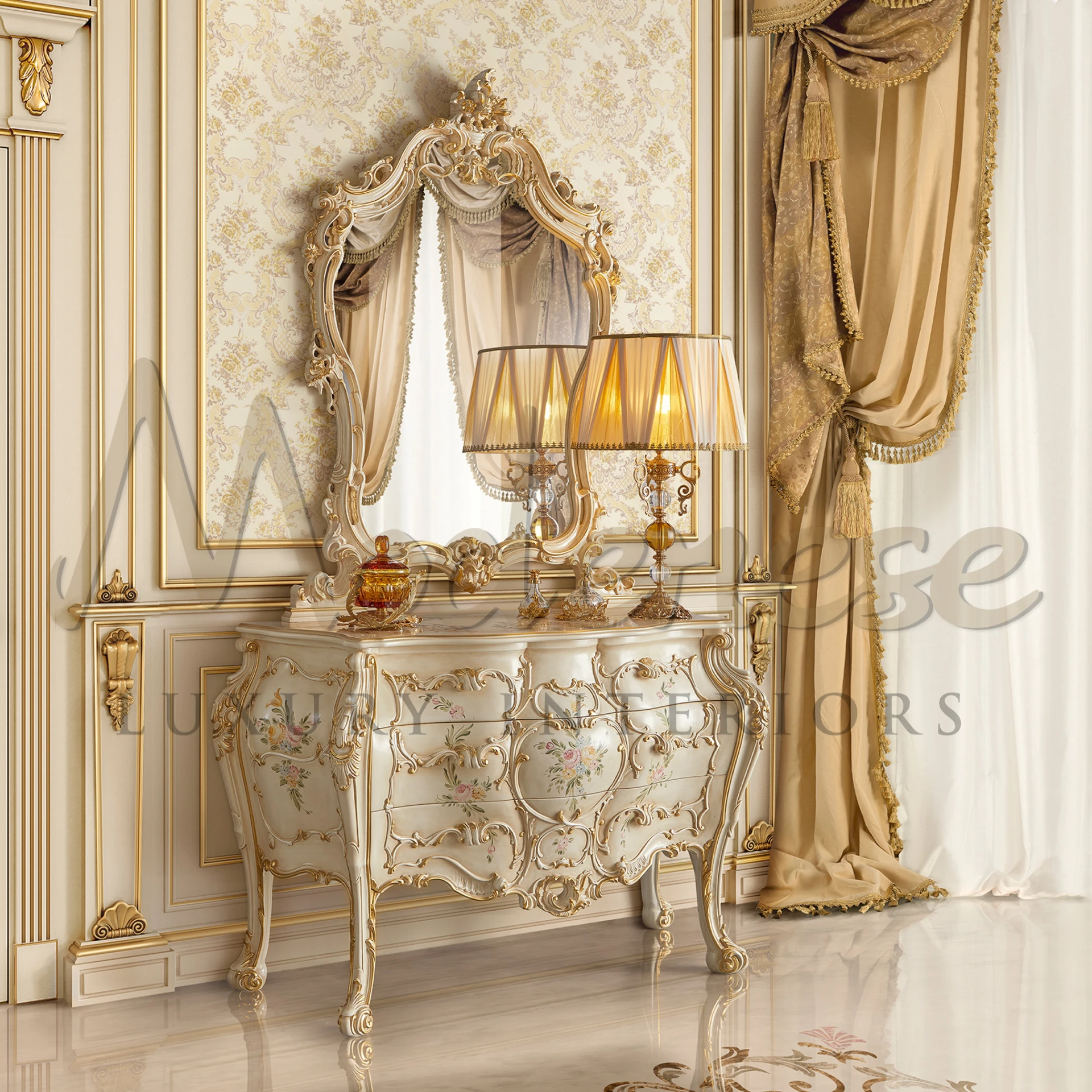 Richly detailed Framed Wall-Mounted Mirror, embodying the grandeur of baroque style, enhances home decor with timeless appeal.