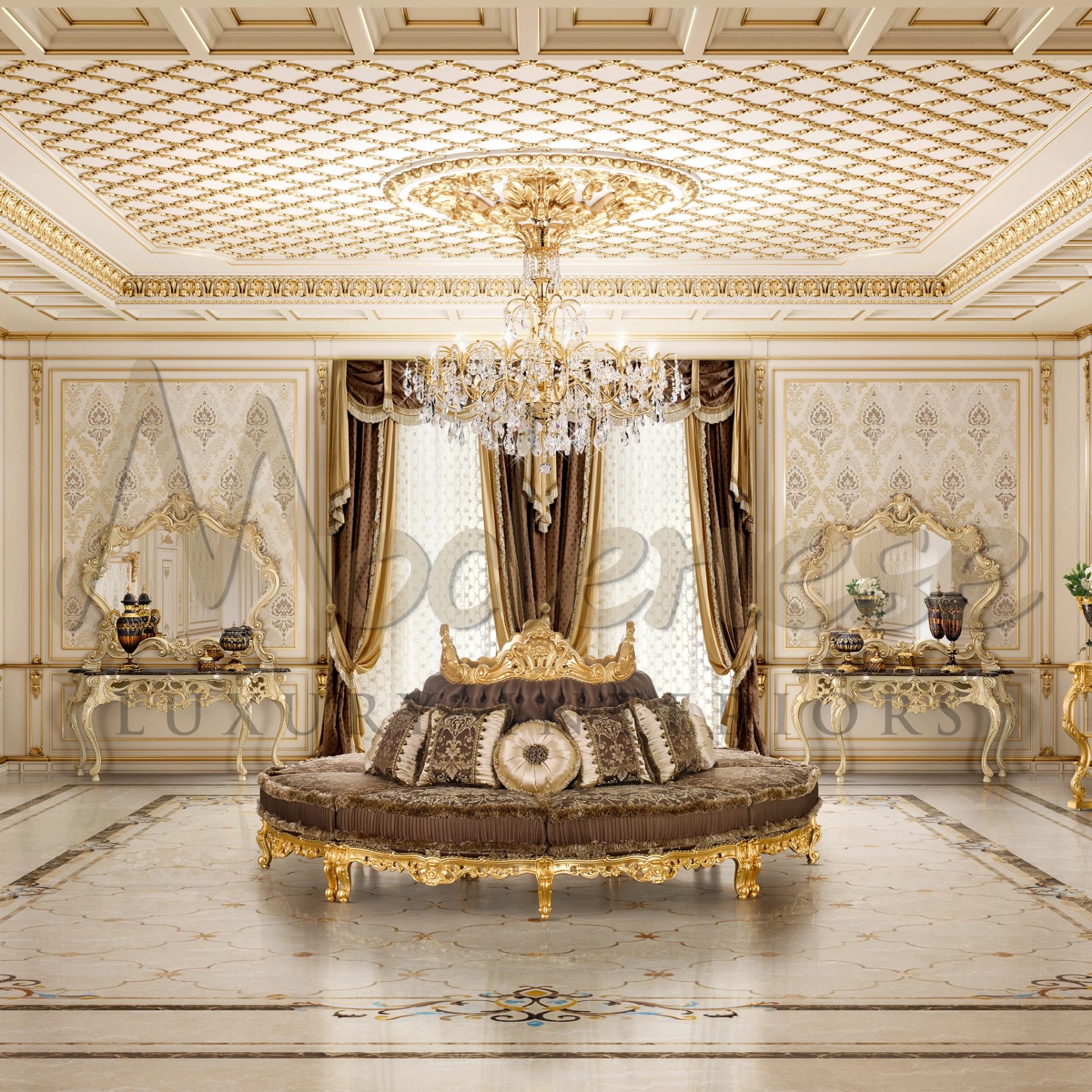 Italian style shines in the Florentine Figured Mirror, with silver or gold leaf details highlighting the luxury and classic mirror design.