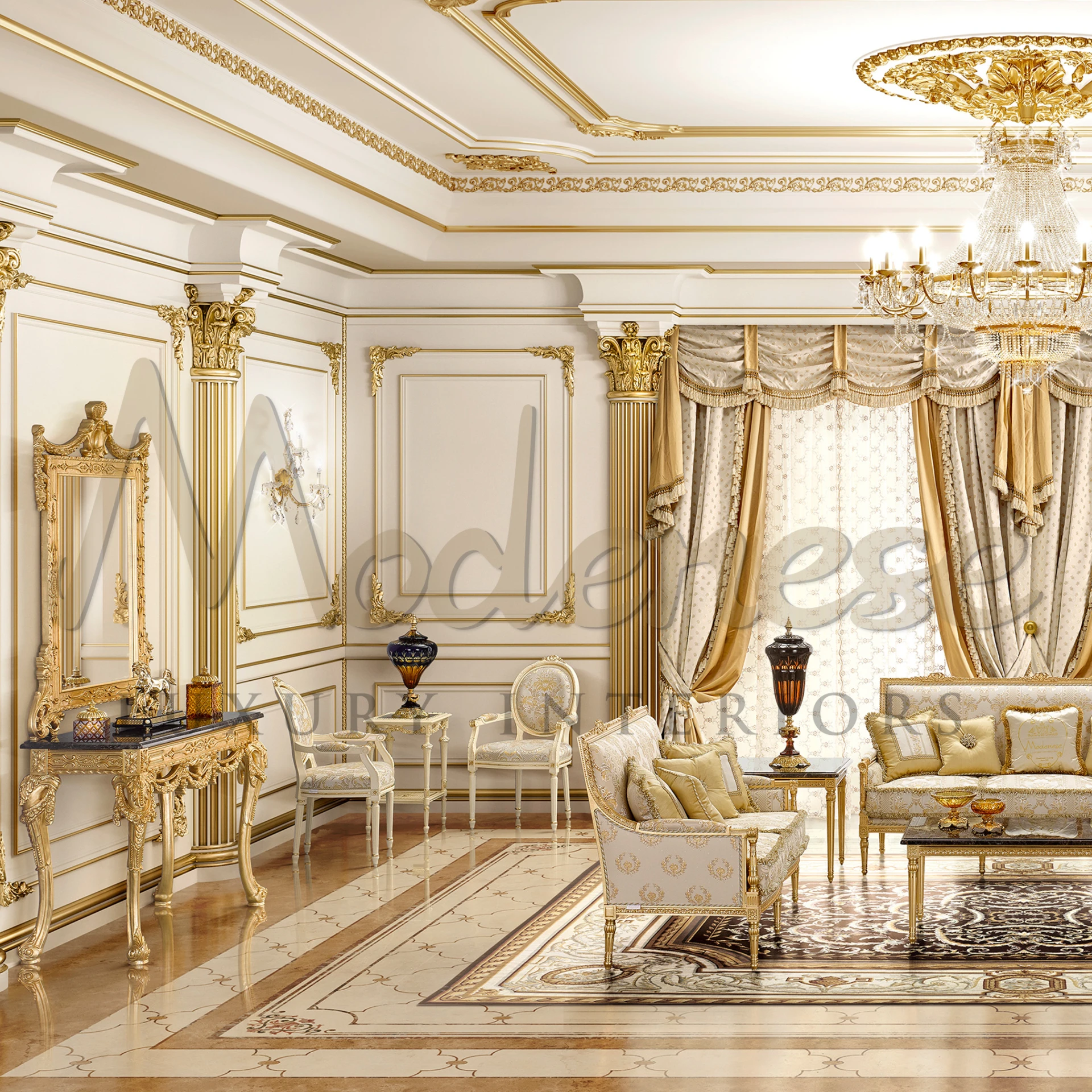 The Exquisite Gold Leaf Mirror, with its eye-catching design and gold leaf finish, creates a luxurious atmosphere in any room.