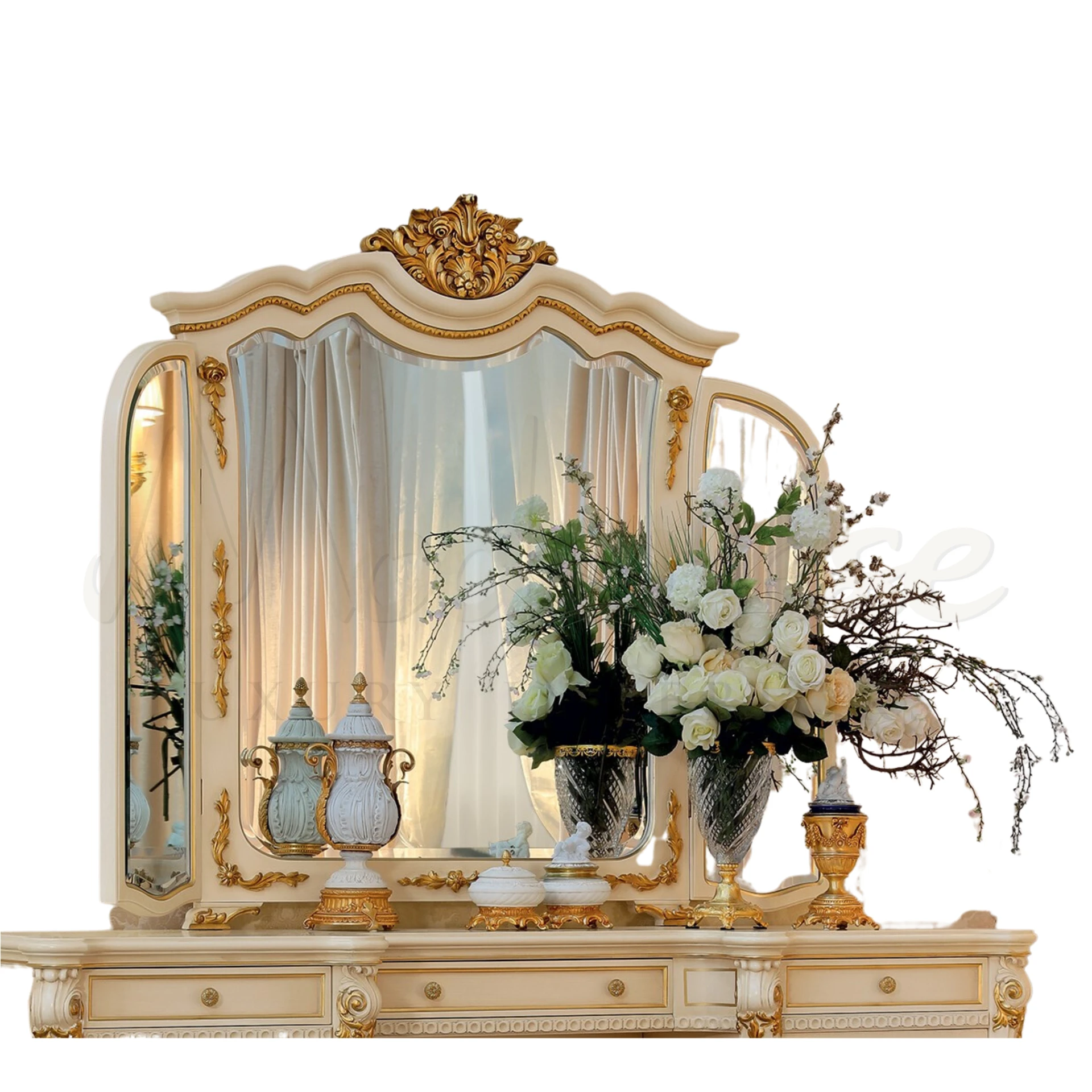 White Gold Leaf Mirror, a bespoke piece highlighting traditional elegance in luxury home decor, handmade in Italy.