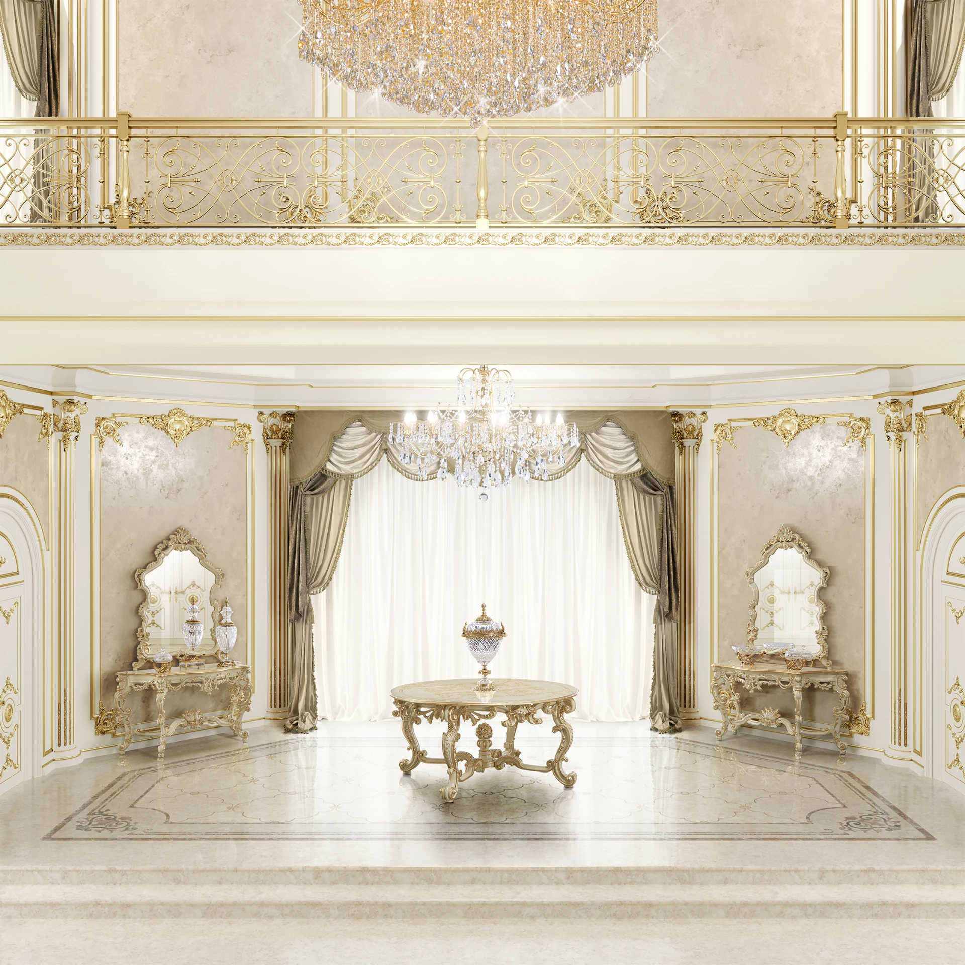 The Exquisite Figured Mirror, blending classic style with bespoke colors, creates an elegant focal point in luxury interiors.