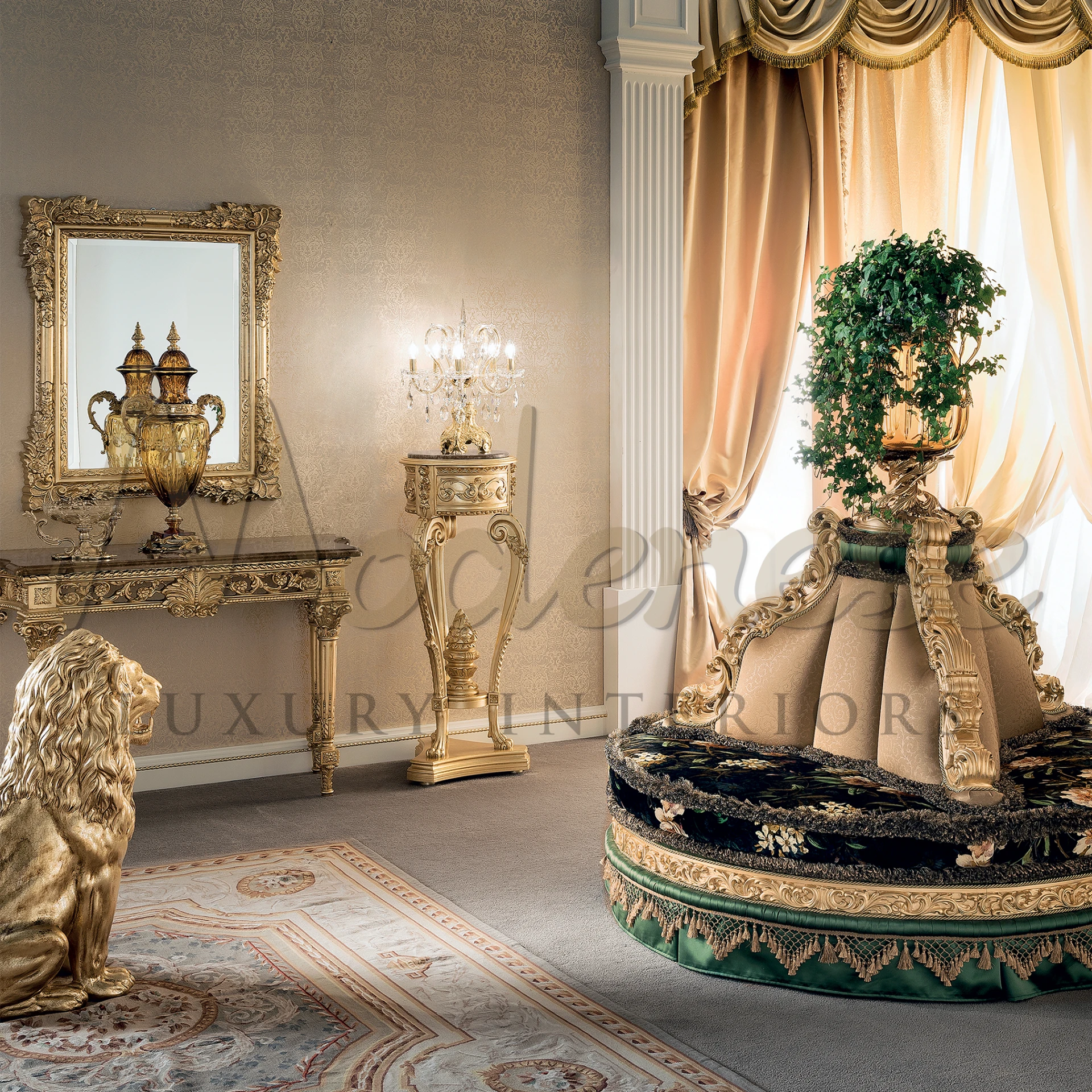 Handmade in Italy, this classic mirror enhances spaces with its gold leaf finish and clean, simple lines.