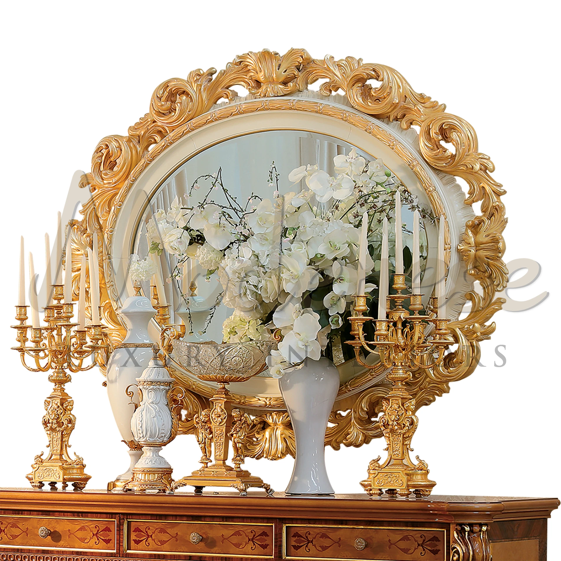 Luxury Gold Leaf Carved Mirror, with intricate hand-carvings, adds a touch of opulence to classic home decor.