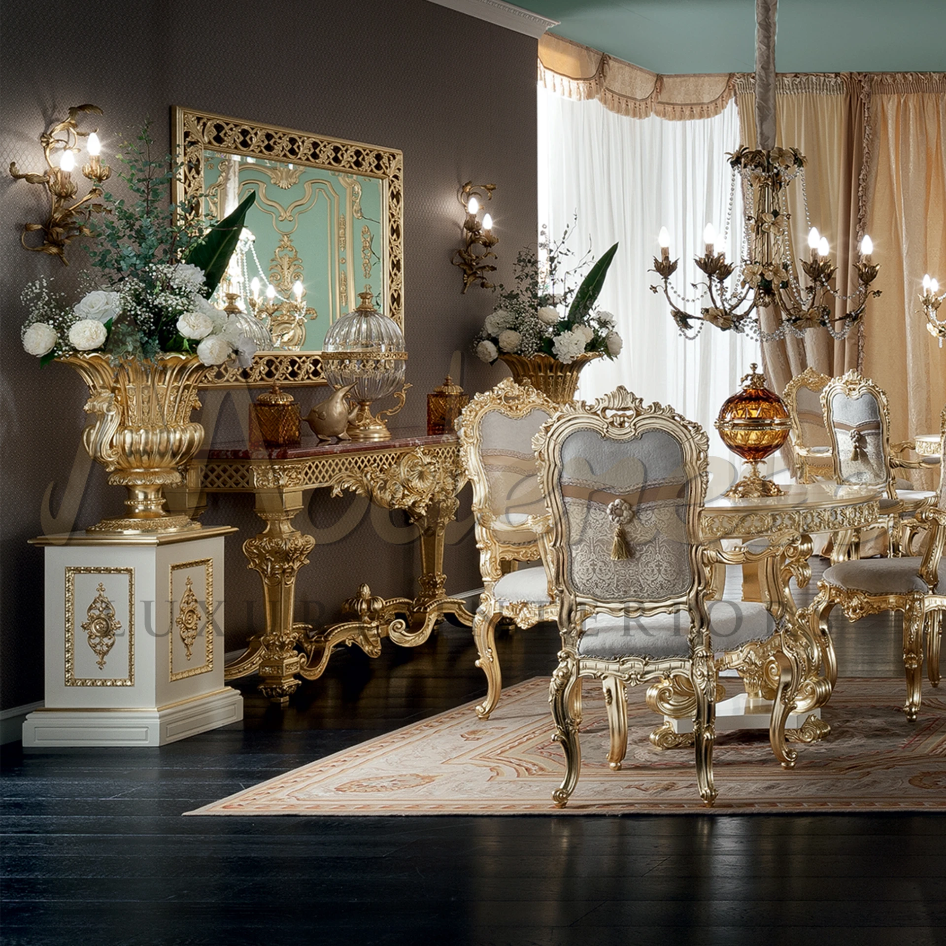 Transform your space with the grandeur of a Baroque Style Rectangular Mirror, a masterpiece of classic design and craftsmanship.