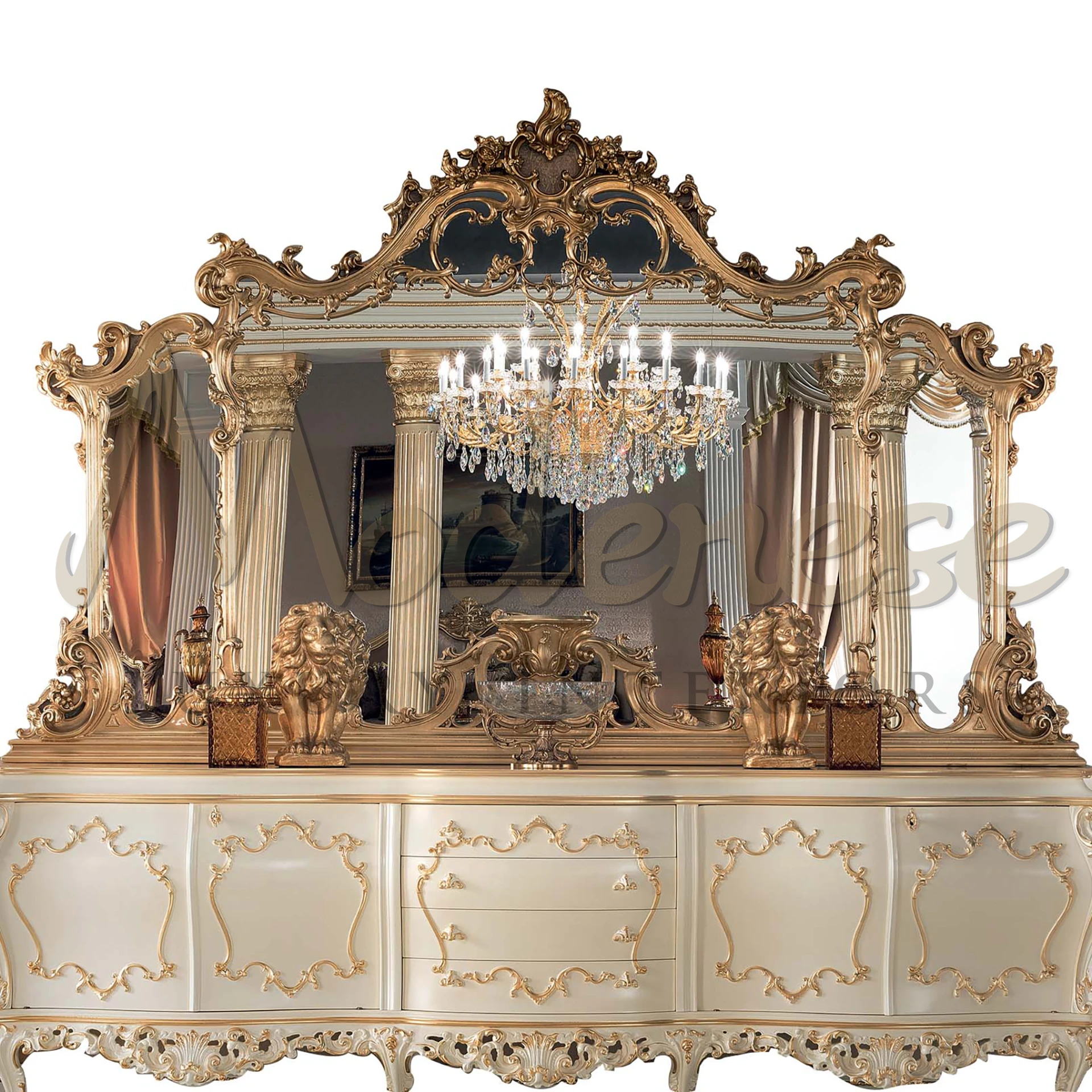 Expansive Rectangular Mirror with a gold finish from Modenese, perfect for luxury interior design and classic decor.