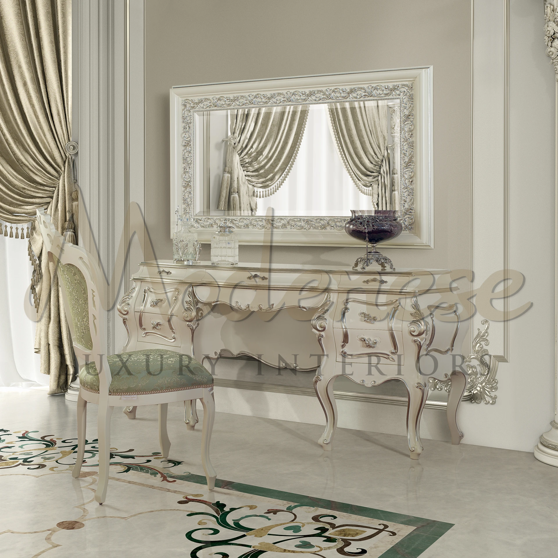 Elegant and eye-catching, this Italian mirror features an impressive frame that enhances any interior design.