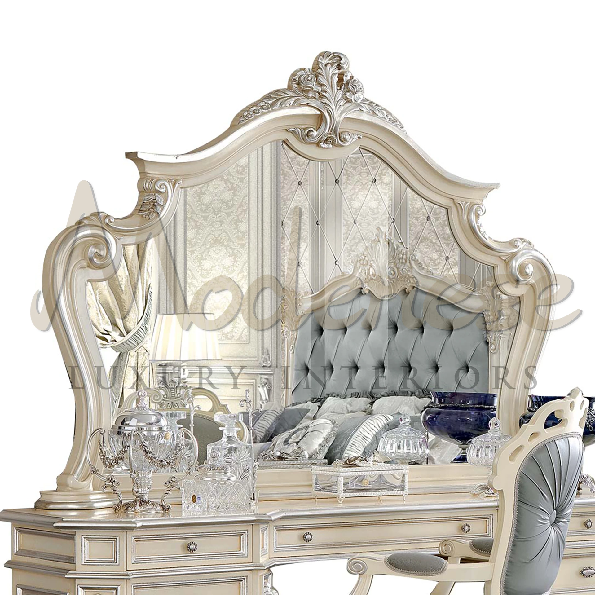 Gorgeous White Figured Mirror, combining elegance and unique design, ideal for luxury home interiors.