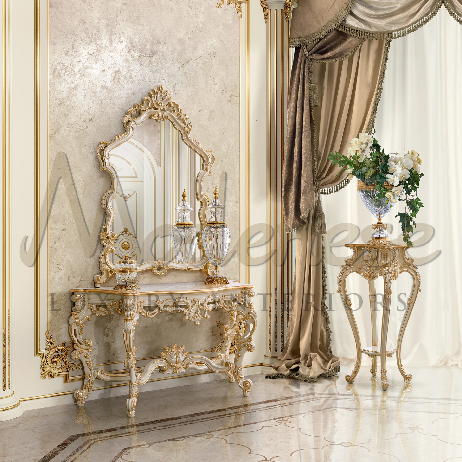 Ornate and elaborate, this Baroque vase stand enhances interiors with its curvilinear shapes and classic style.