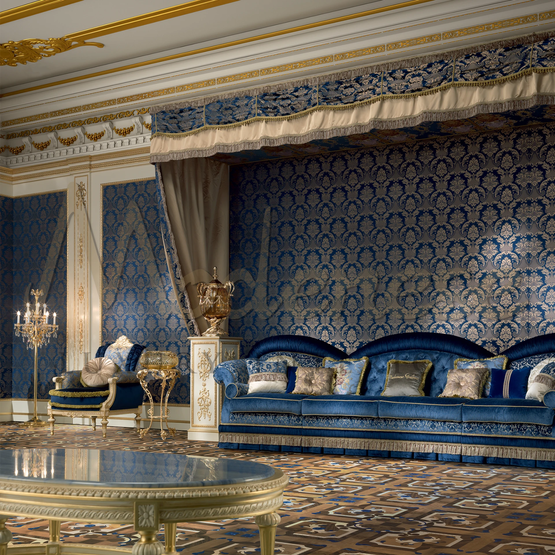 Extravagant Italian Baroque stand, crafted with intricate inlays and hardware, for a grand interior statement.