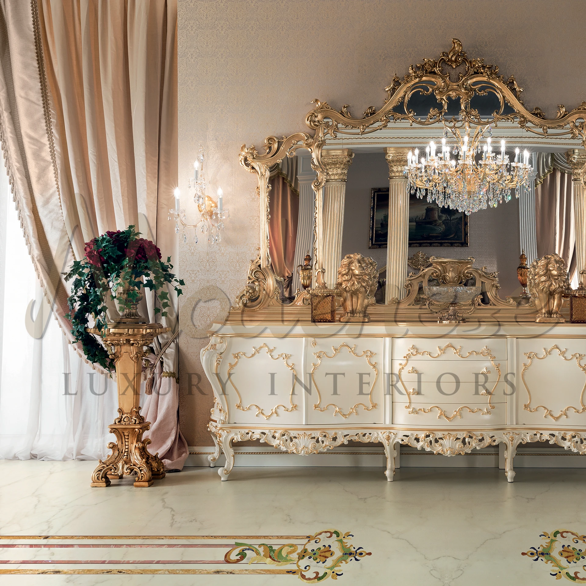 Sophisticated Gold Leaf Vase Stand, ideal for enhancing the luxury of any room or designer space.