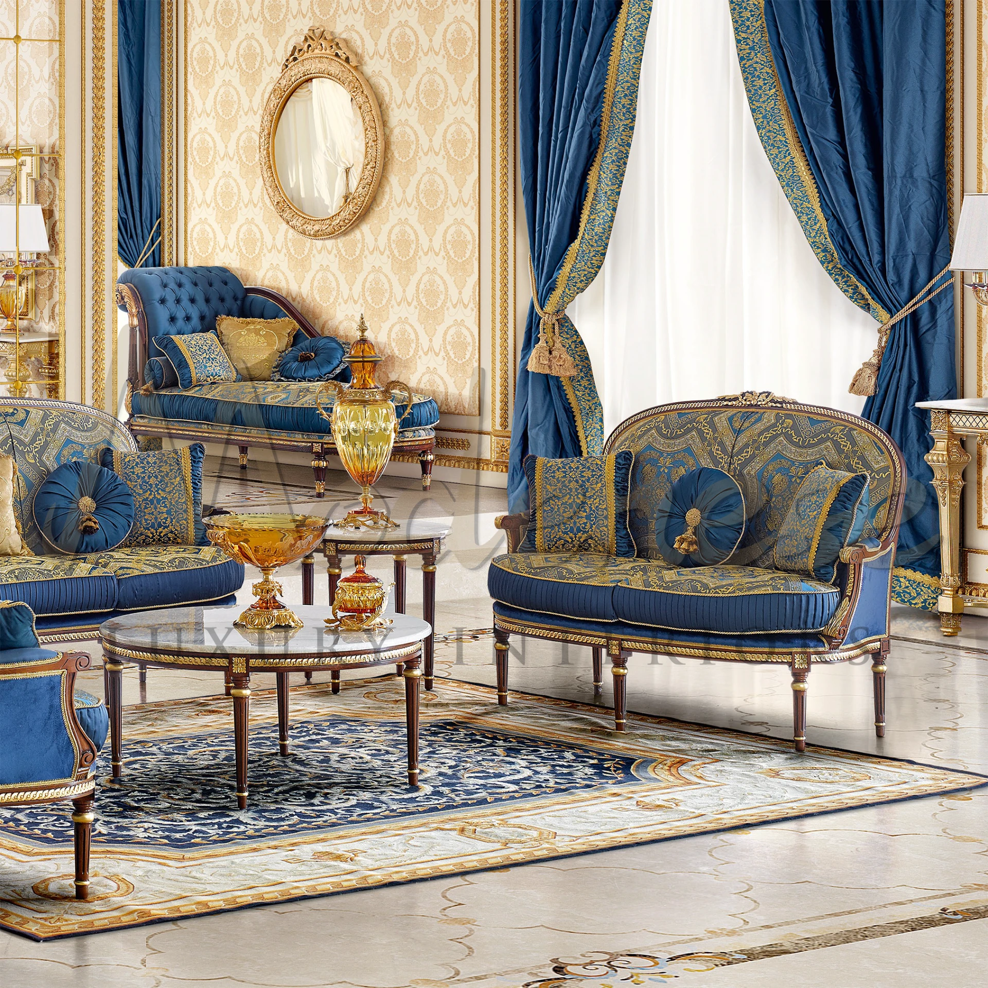 Elegant and traditional Classical Round Blue Cushion, adding softness and visual interest with its round shape.