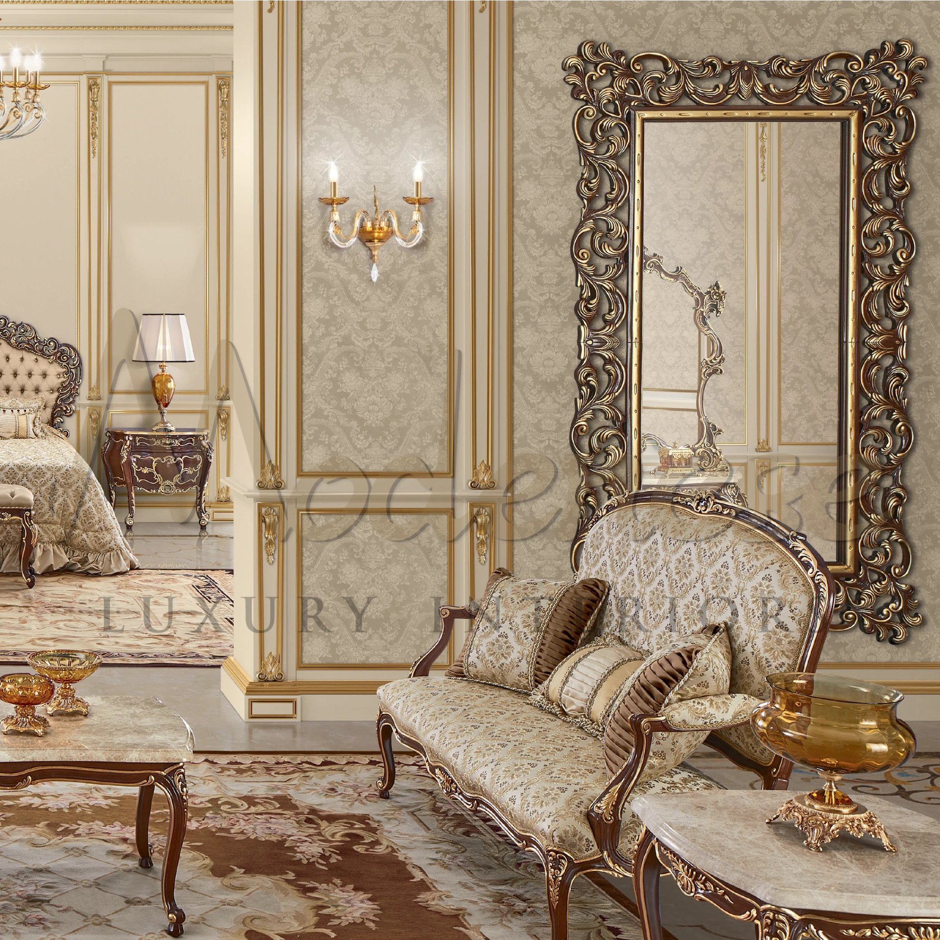 Exquisite bed adorned with the Royal Beige Pillow, enhancing the bedroom with a touch of royal beauty and refined elegance.