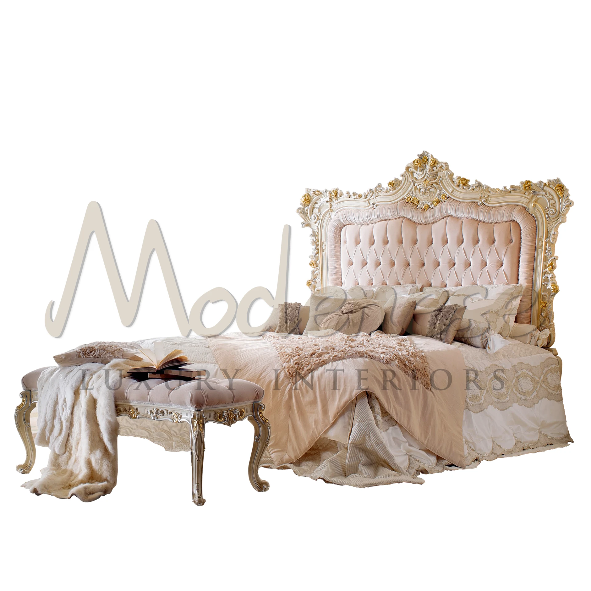 Designer Italian Bed Cover from Modenese, epitomizing luxury with exquisite patterns and high-quality textiles in a bedroom setting.