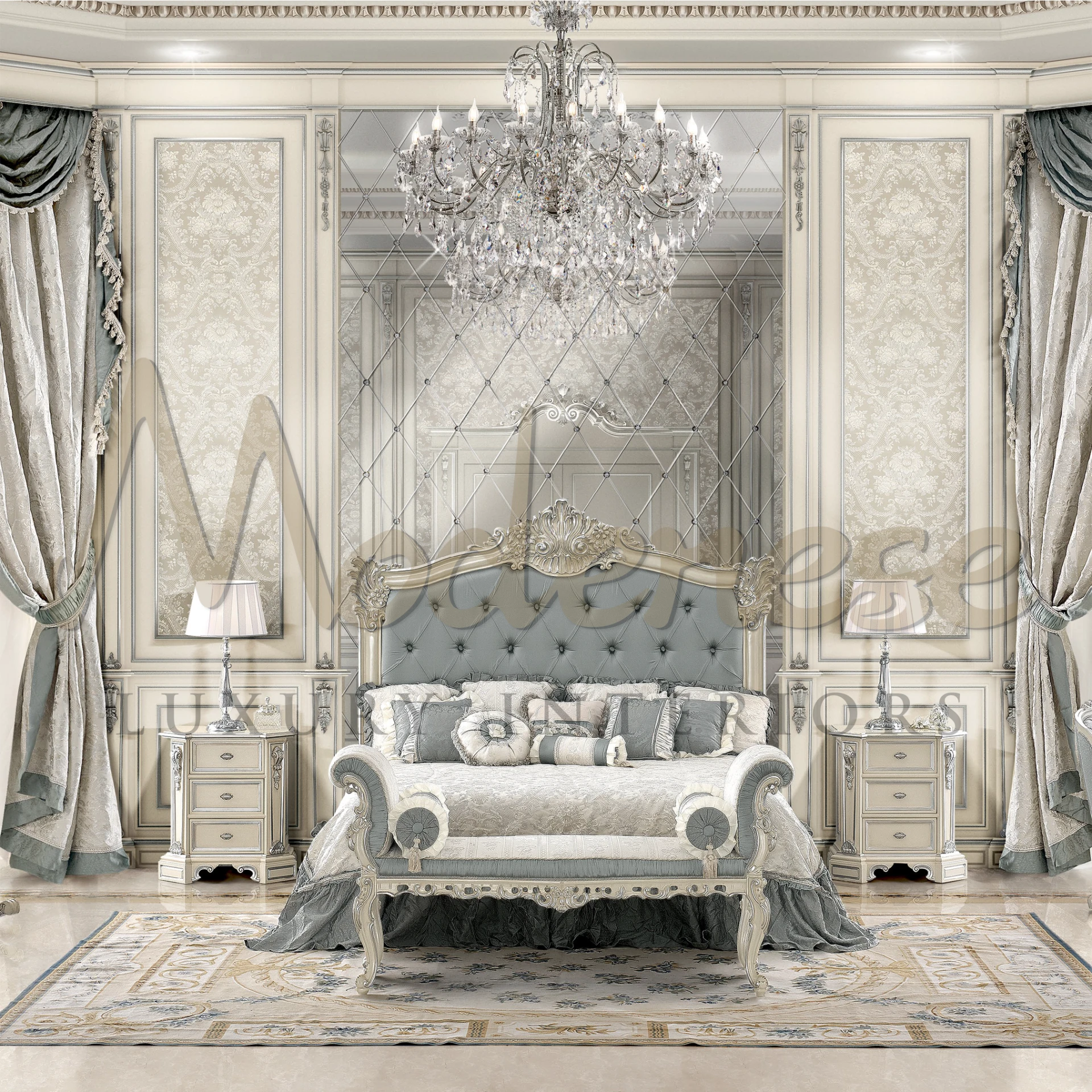 Smooth and silky light blue-gray Luxury Bed Cover, crafted from high-quality textiles, enveloping you in comfort and luxury.