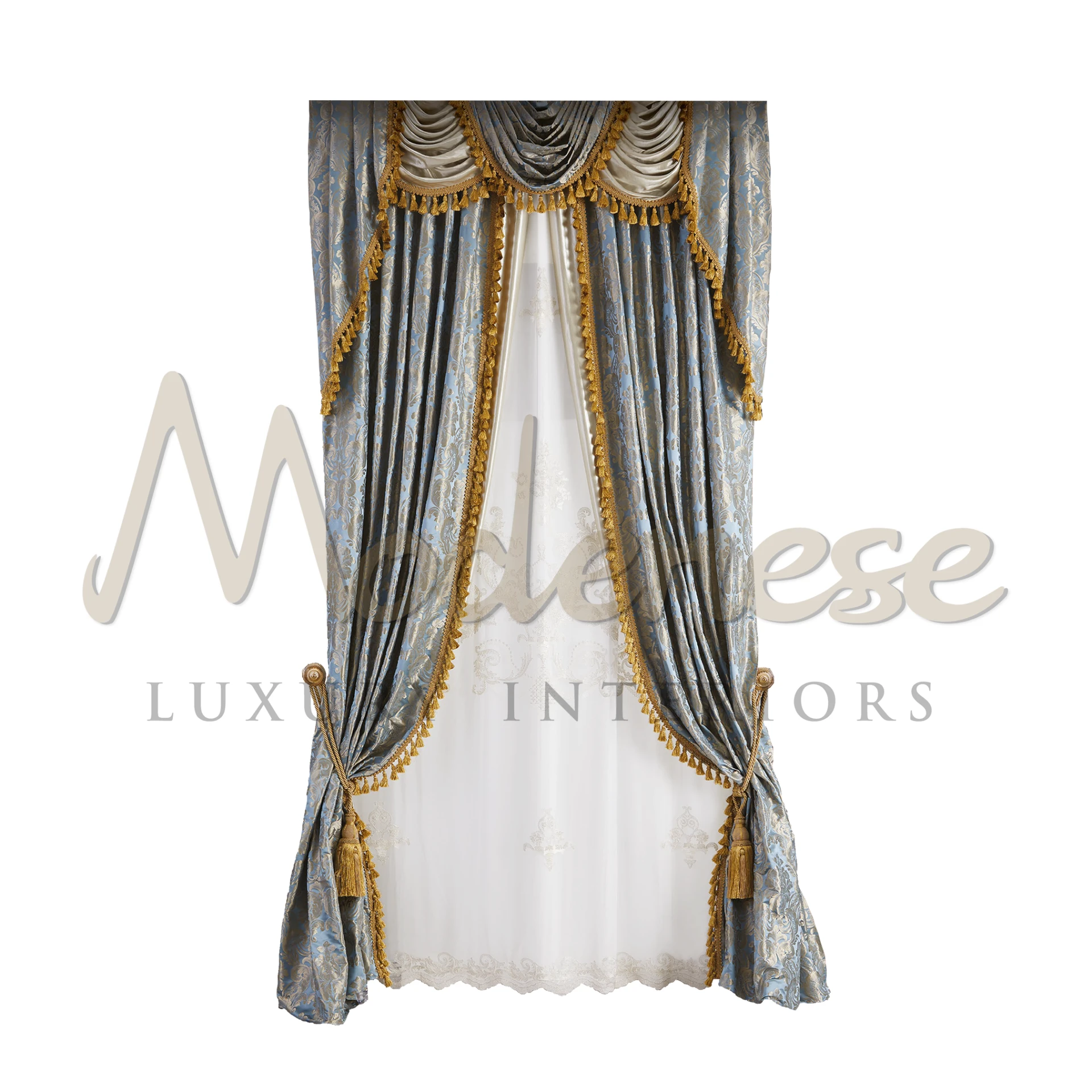 Custom Designer Curtains in traditional blue, adding a classic and timeless touch to interiors with luxury Italian craftsmanship.