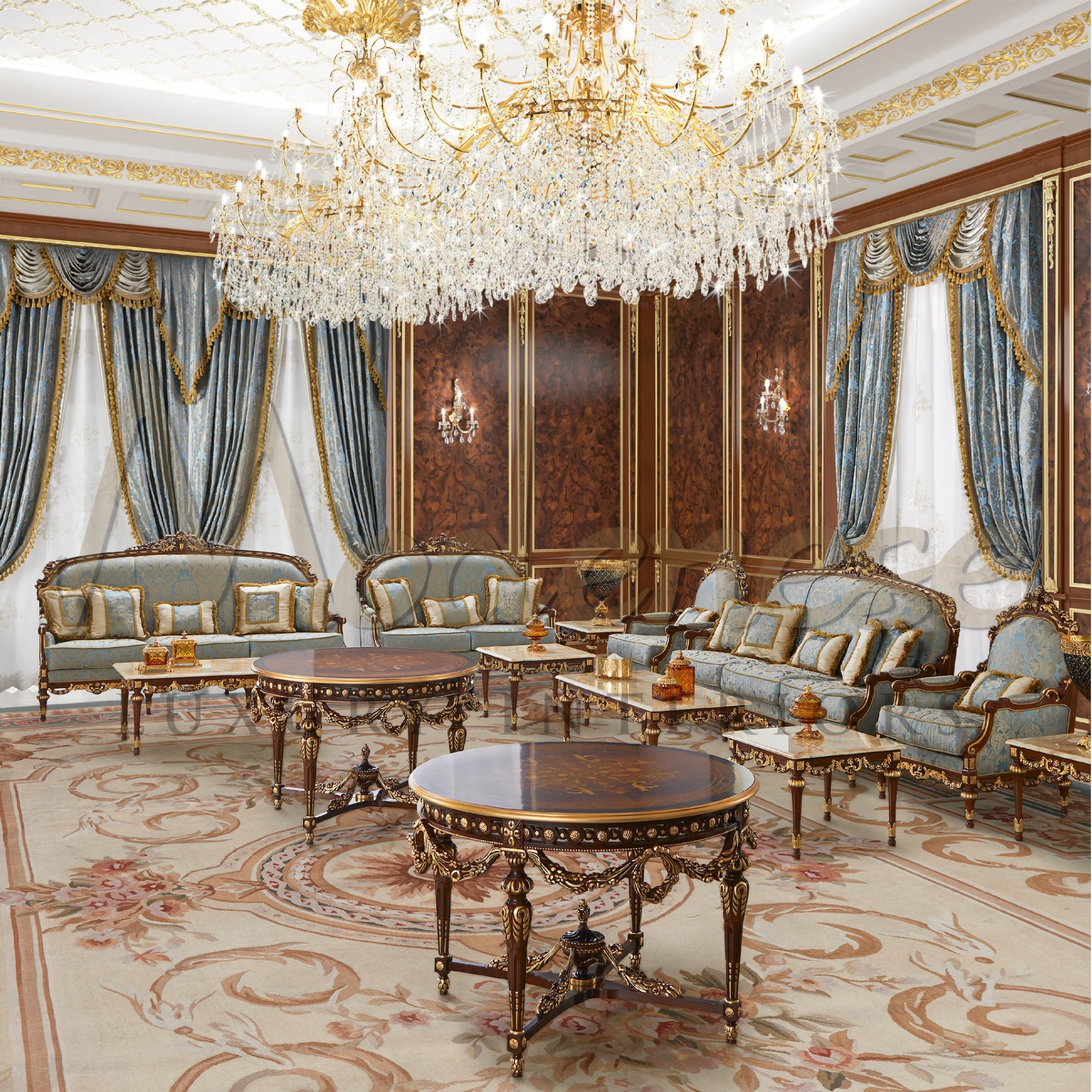 Luxury Custom Designer Curtains, blending traditional blue hues with Italian elegance, perfect for sophisticated interior designs.