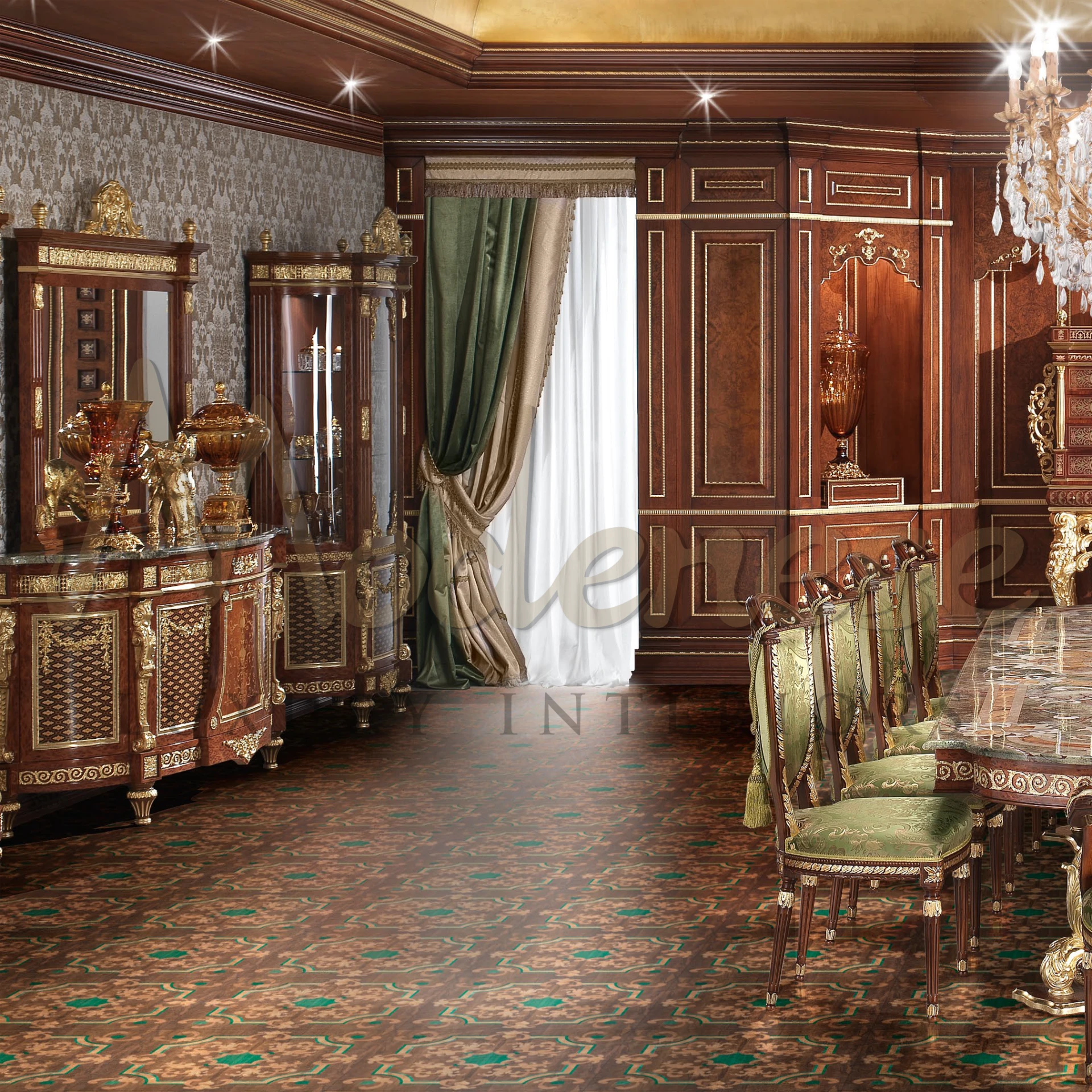Rich jacquard Classical Dark Green Curtains, showcasing the beauty of classical design with their graceful draping and depth.
