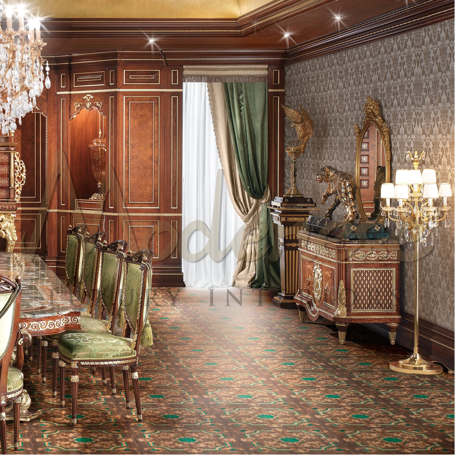 Elegant dark green curtains crafted from high-quality materials, providing a perfect backdrop for luxury and grandeur in decor.