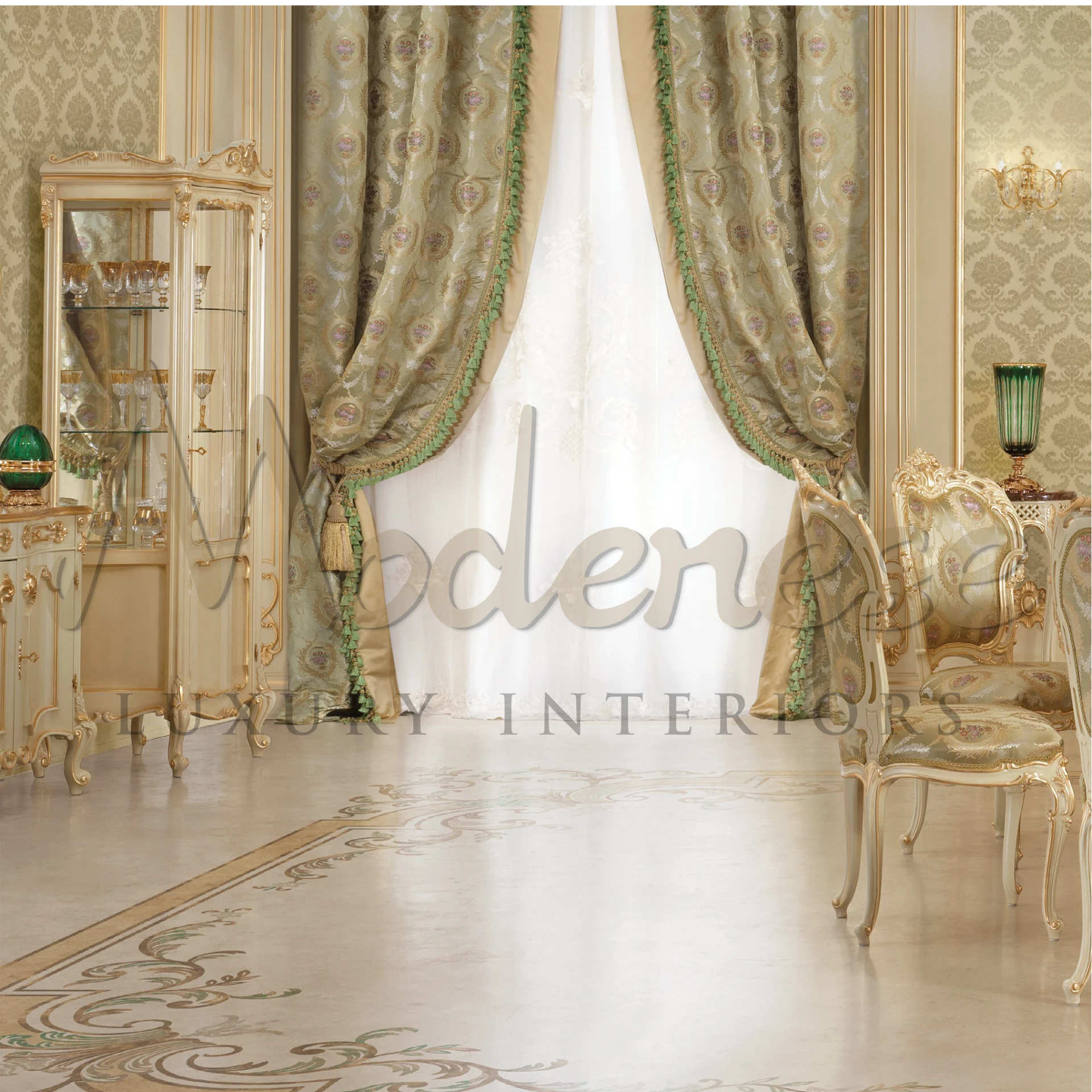 Elegant scrollwork on Traditional Pattern Silk Curtains, adding refinement and a nostalgic charm to any interior setting.