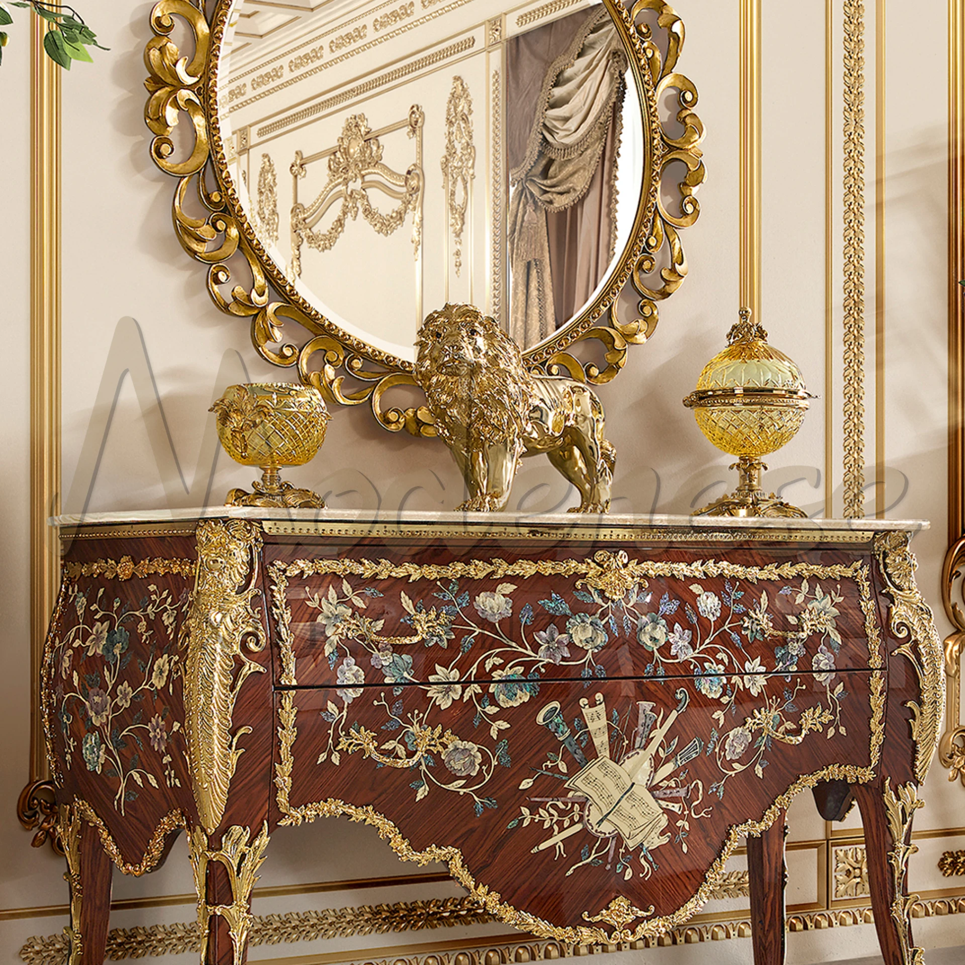Hand-carved Italian design box, embodying luxury interior aesthetics with rich colors and elegant curves.