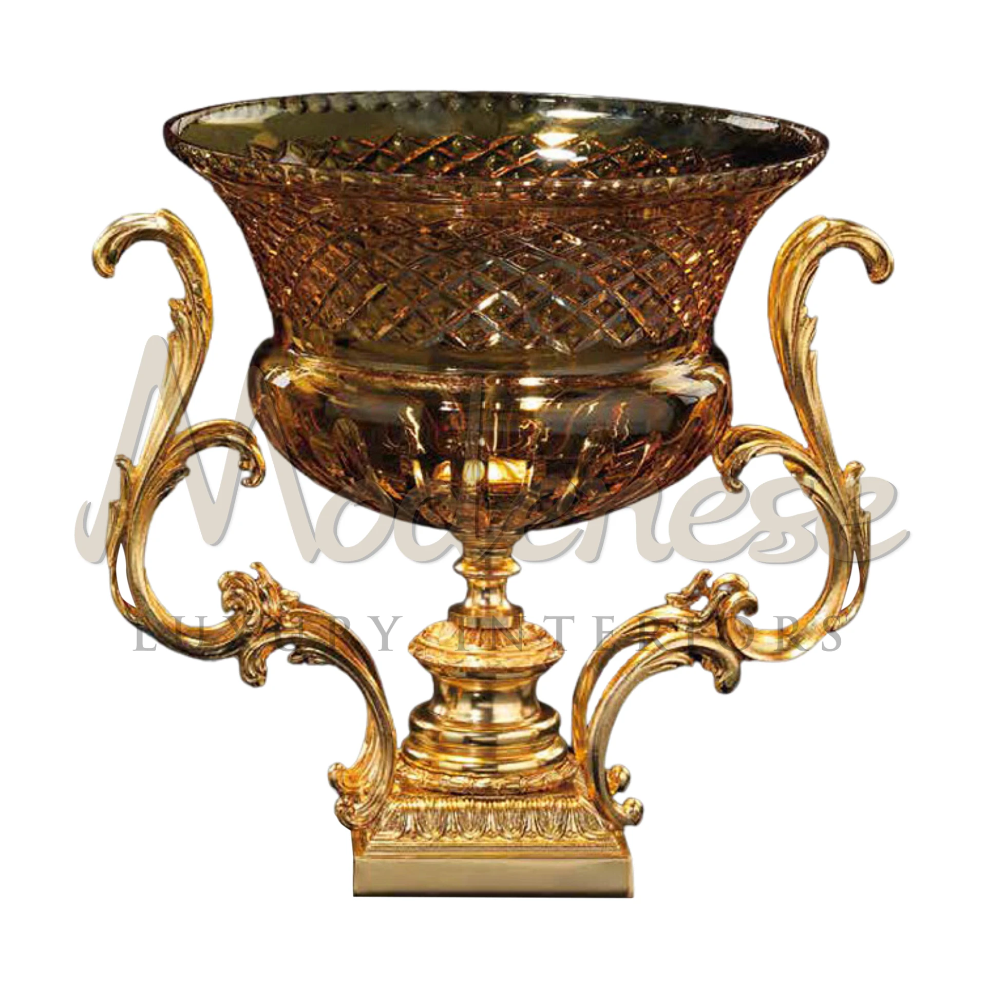 Luxurious crystal vase with gold handles, showcasing a clear body with intricate etchings, perfect for sophisticated interiors.