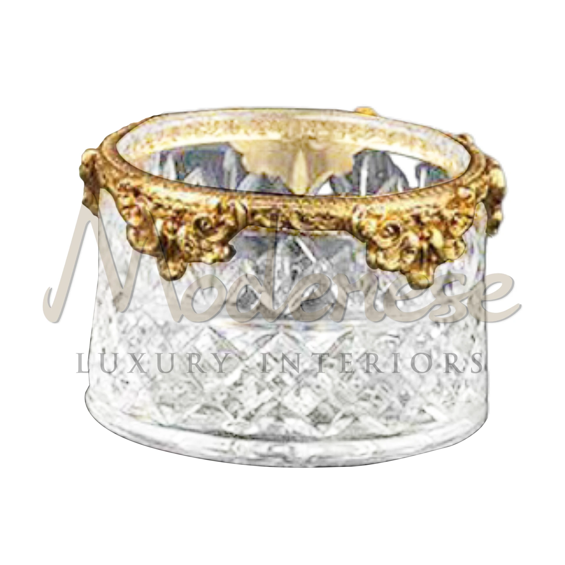 Luxury Glass Bowl, available in various shapes with gold or silver accents, embodies modern and classic elegance for luxury interior design.
