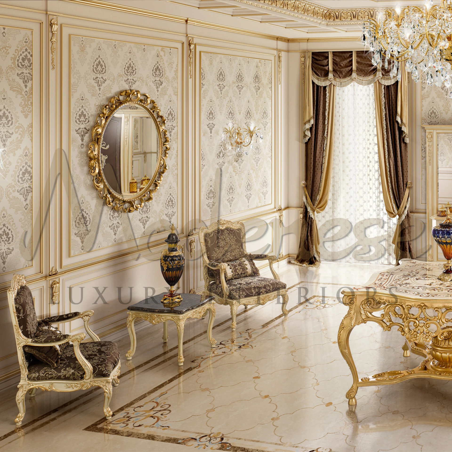 Handcrafted Italian armchair in Dutch brown cream, featuring high-quality upholstery and chic baroque style elements.