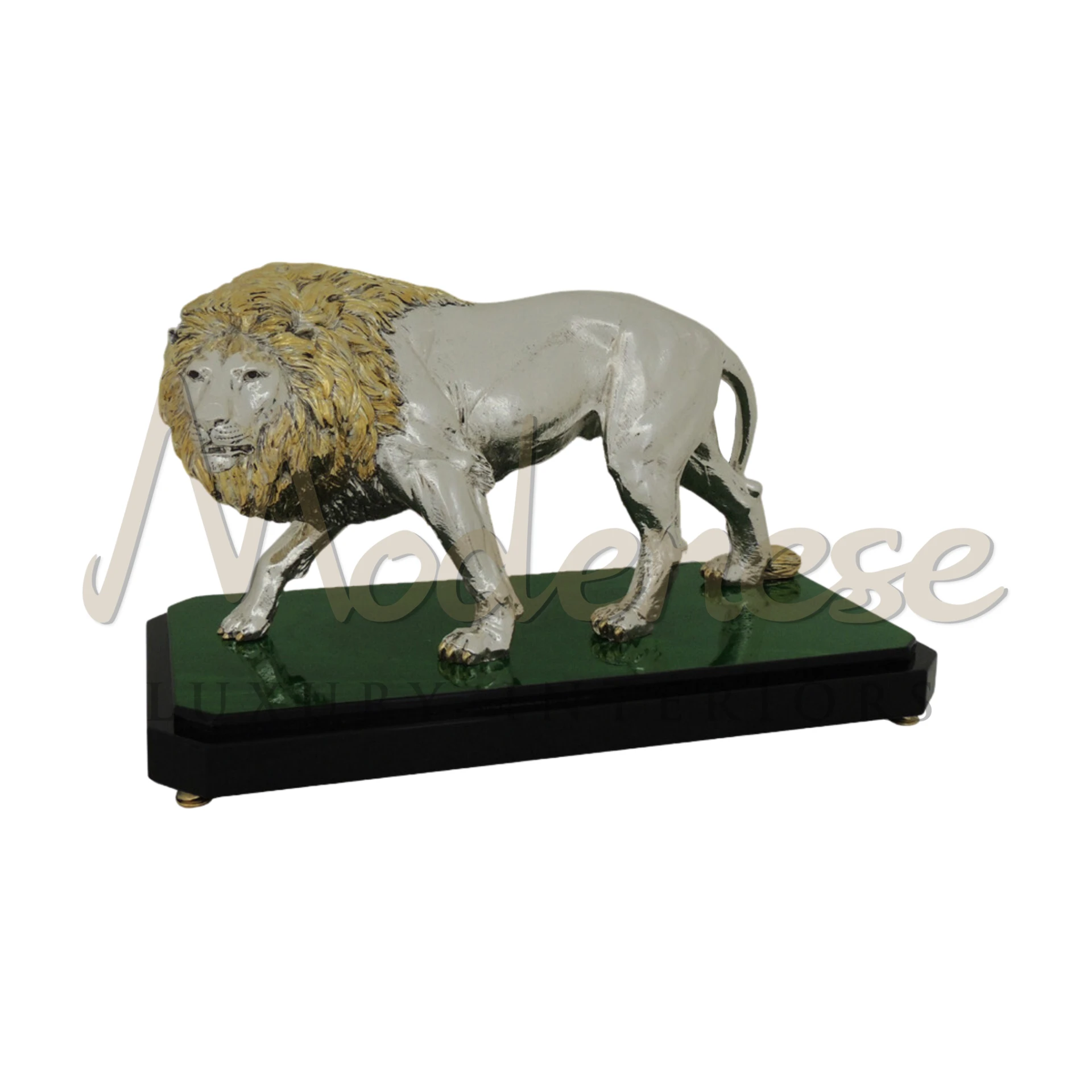 Gold leaf Powerful Lion statuette in baroque style, symbolizing strength and courage, perfect for luxury interior and classic home décor.