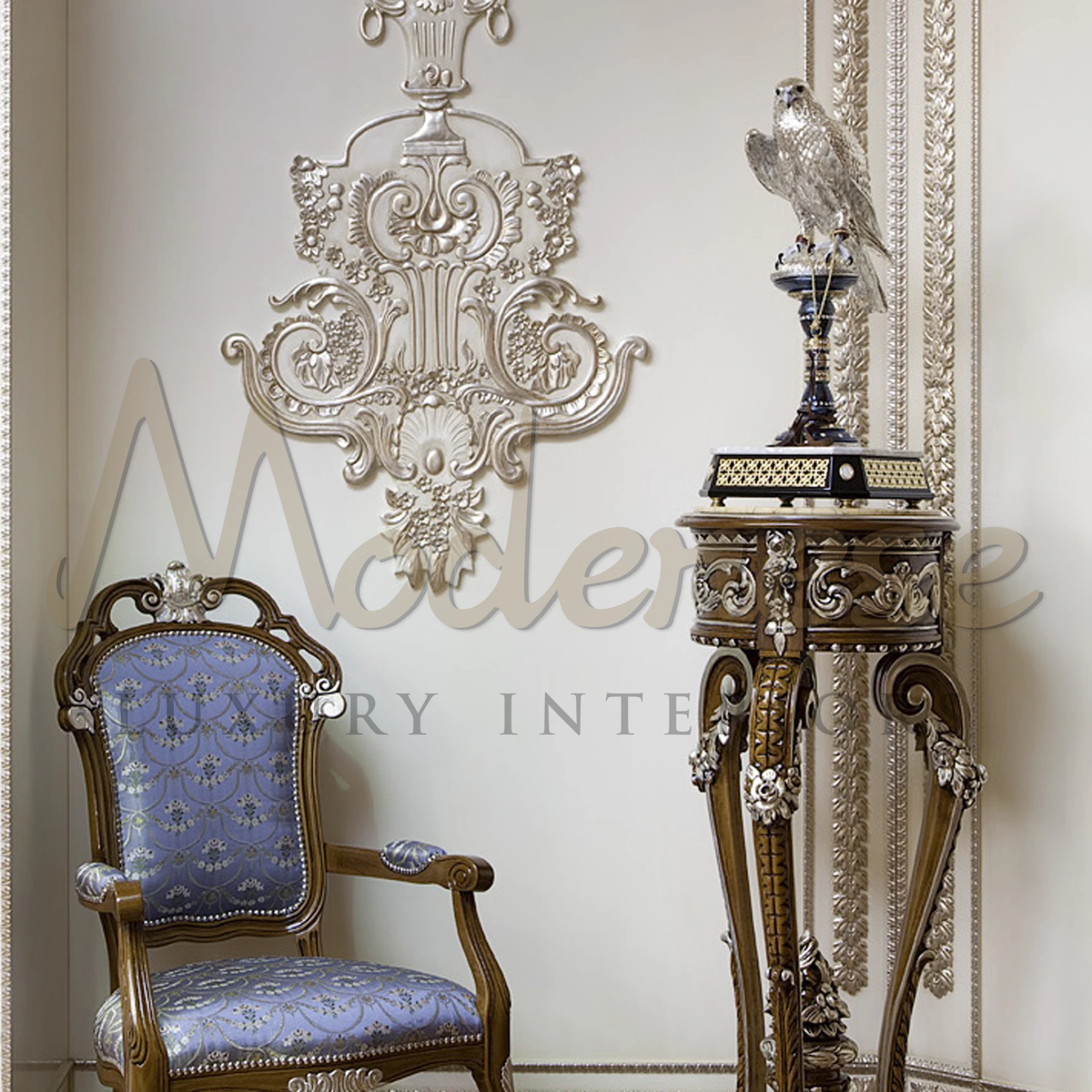 Stunning Exquisite Silver Falcon, showcasing intricate designs, adds a luxurious and sophisticated touch to any interior design theme.