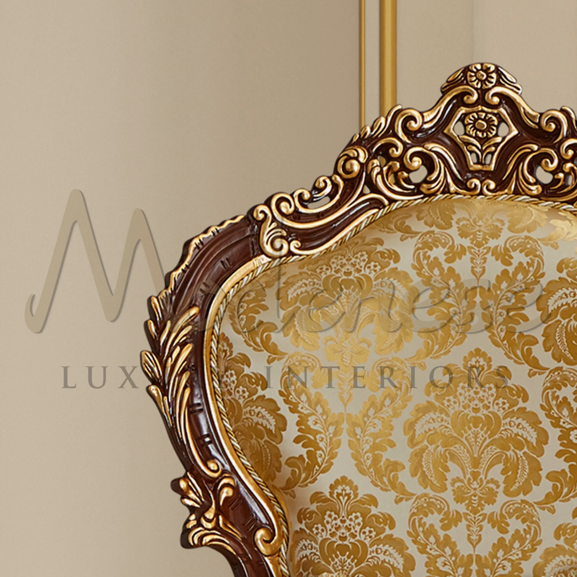 Venetian design Golden Rococo Armchair with solid wood and gold leaf carvings, a perfect addition to classical armchairs collections.
