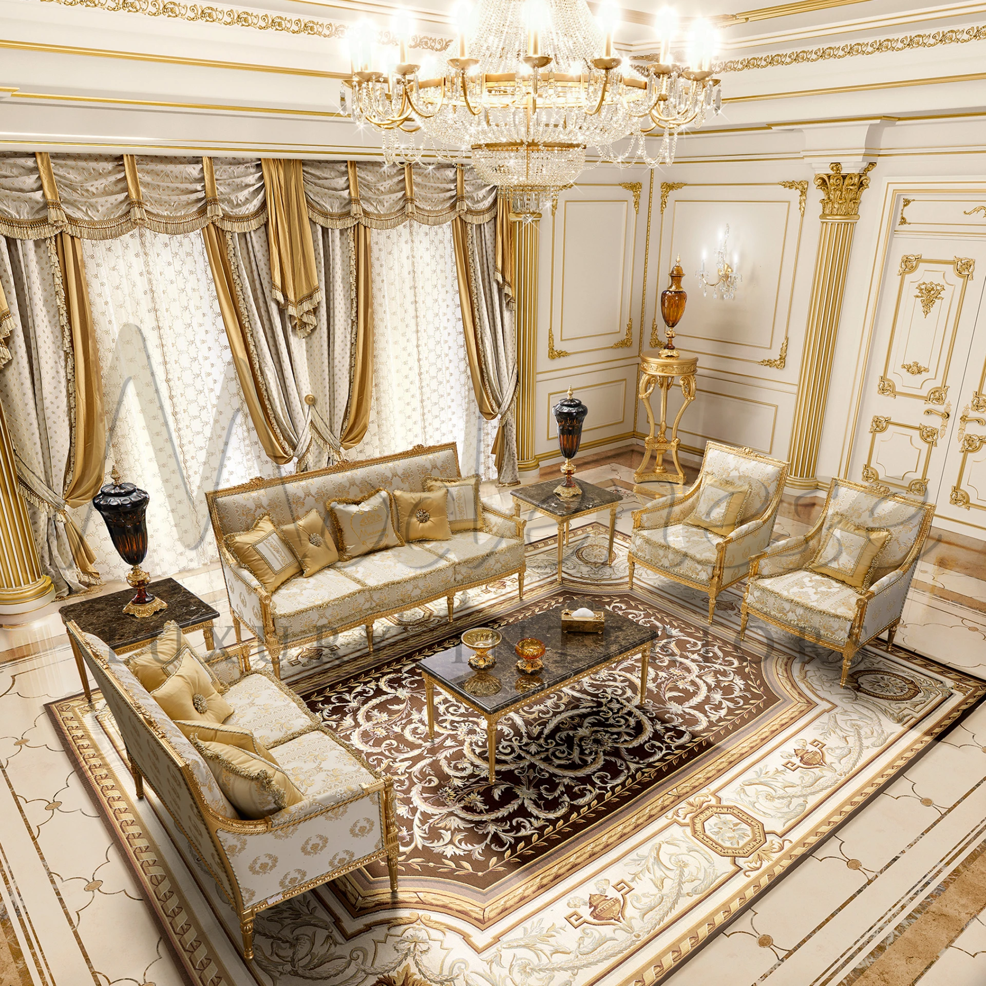 Classical Empire Armchair with dignified character, gold leaf carving, and pattern fabric for an original luxury armchair choice.

