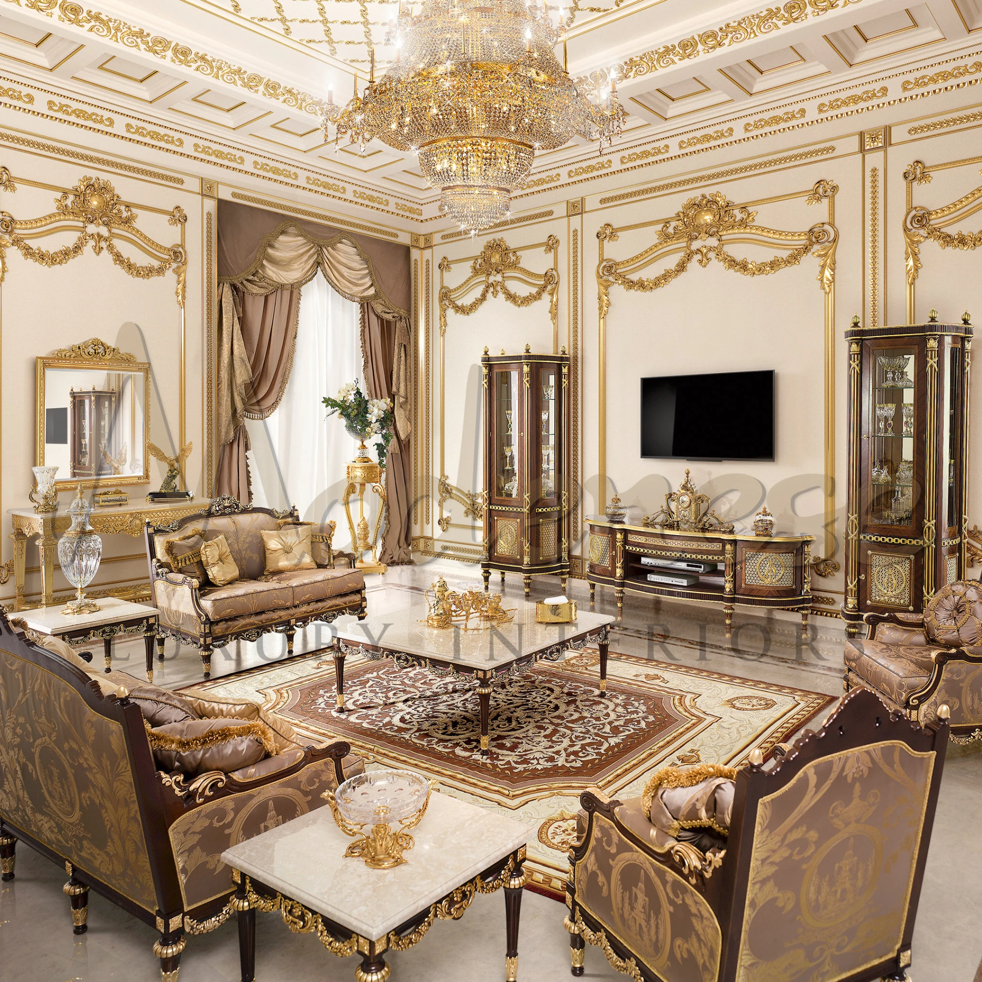Luxurious Classic French Armchair with unique silhouette and classic walnut finishing, embodying classic design and elegance.
