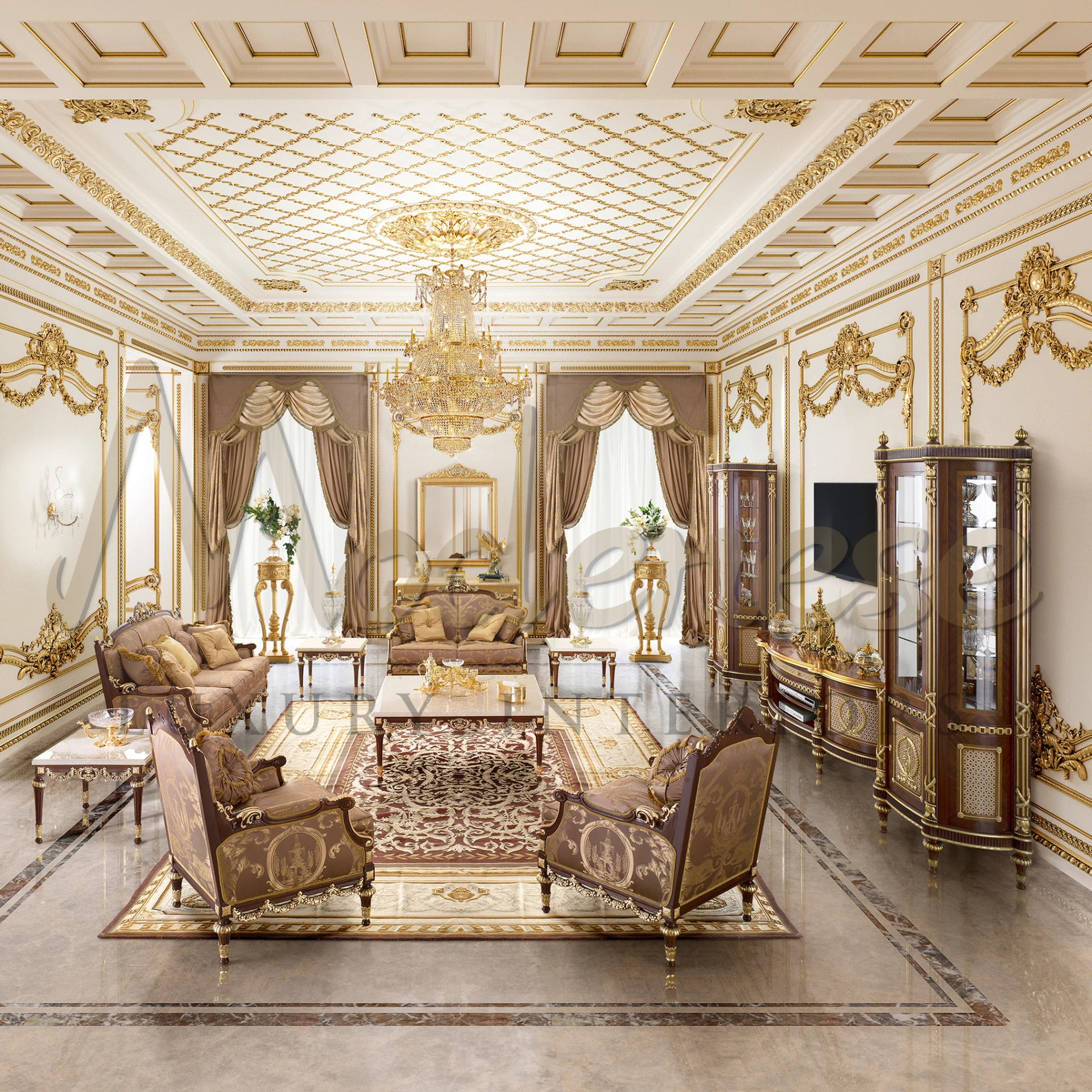 Emblematic Classic French Brown Armchair with gold leaf details and pattern fabric, capturing the essence of classic French furniture.
