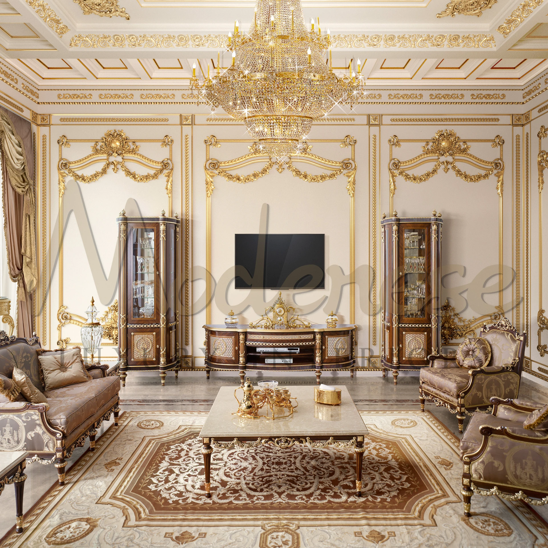 Sophisticated Classic French Armchair in brown, offering the best upholstery solution for luxury fabric and solid wood structure.