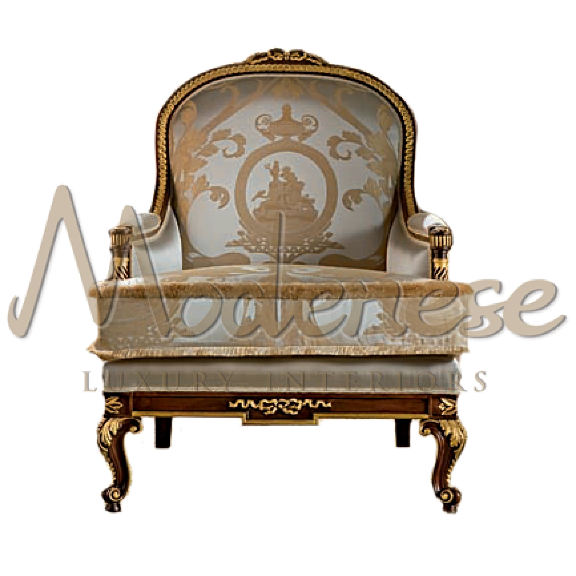 Timeless Beige Victorian Armchair with noble design, filling spaces with glamour and luxury, featuring classic walnut finishing.
