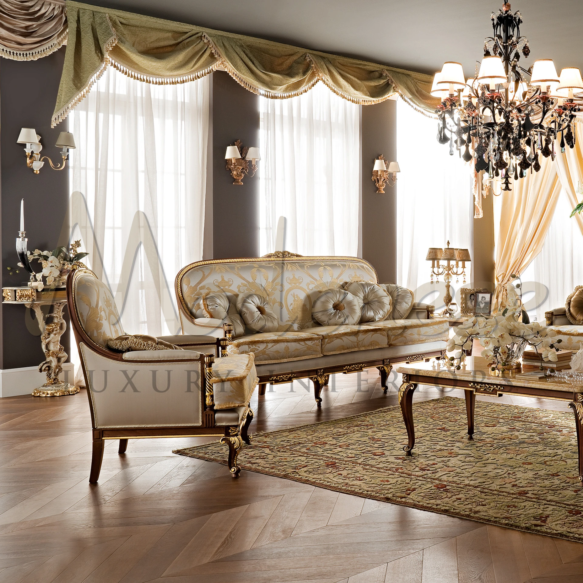 Luxurious Beige Victorian Armchair, a grand armchair that transforms luxury spaces with its elegance and Italian fabric upholstery.