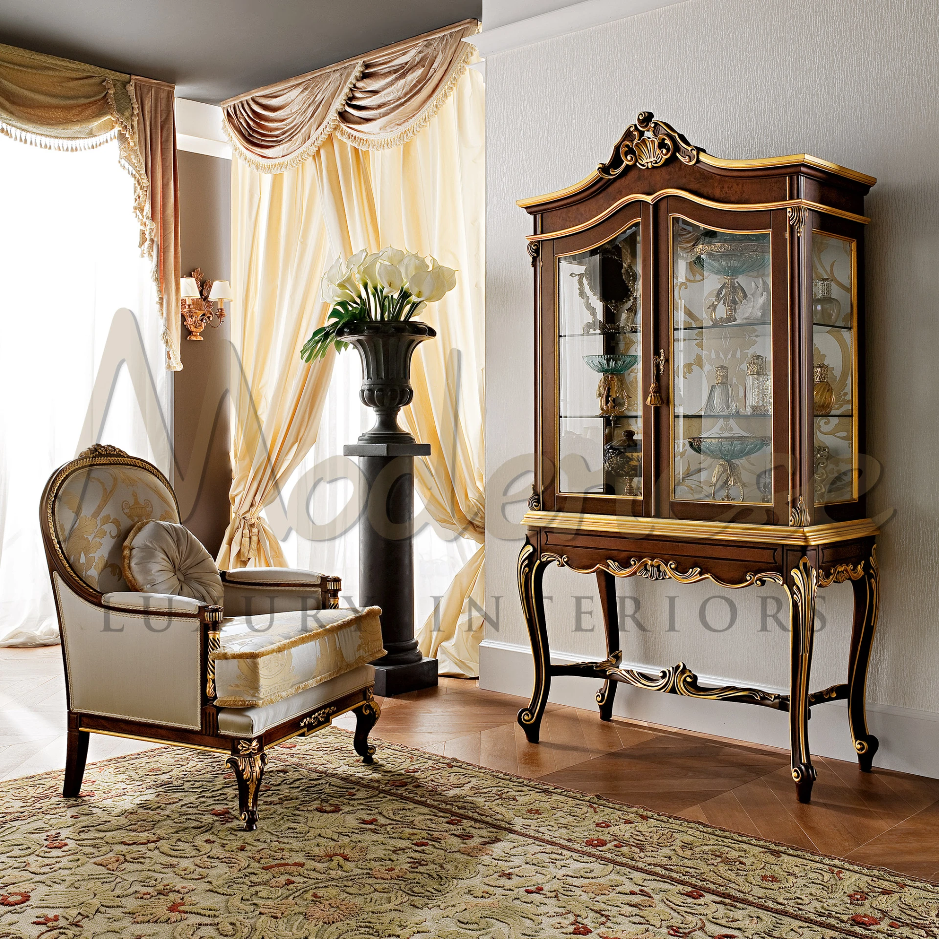 Elegant Beige Victorian Armchair exalting classic style refinement, perfect for modenese interiors with gold leaf detail richness.