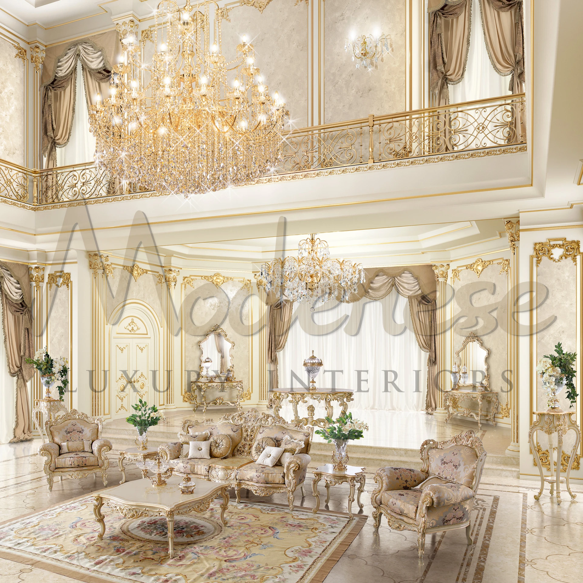 Comfortable yet elegant Baroque Armchair with decorative cushions in matching fabrics, embodying classic luxury.
