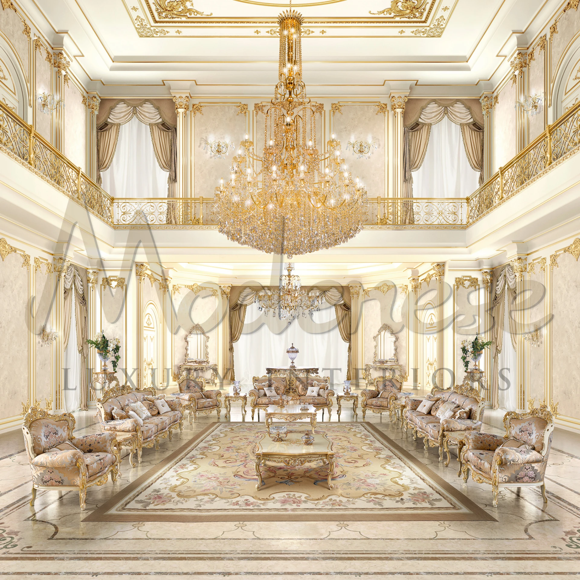 Refined Baroque Upholstered Armchair with Italian design, featuring luxurious upholstery and gold leaf carvings for a grand look.

