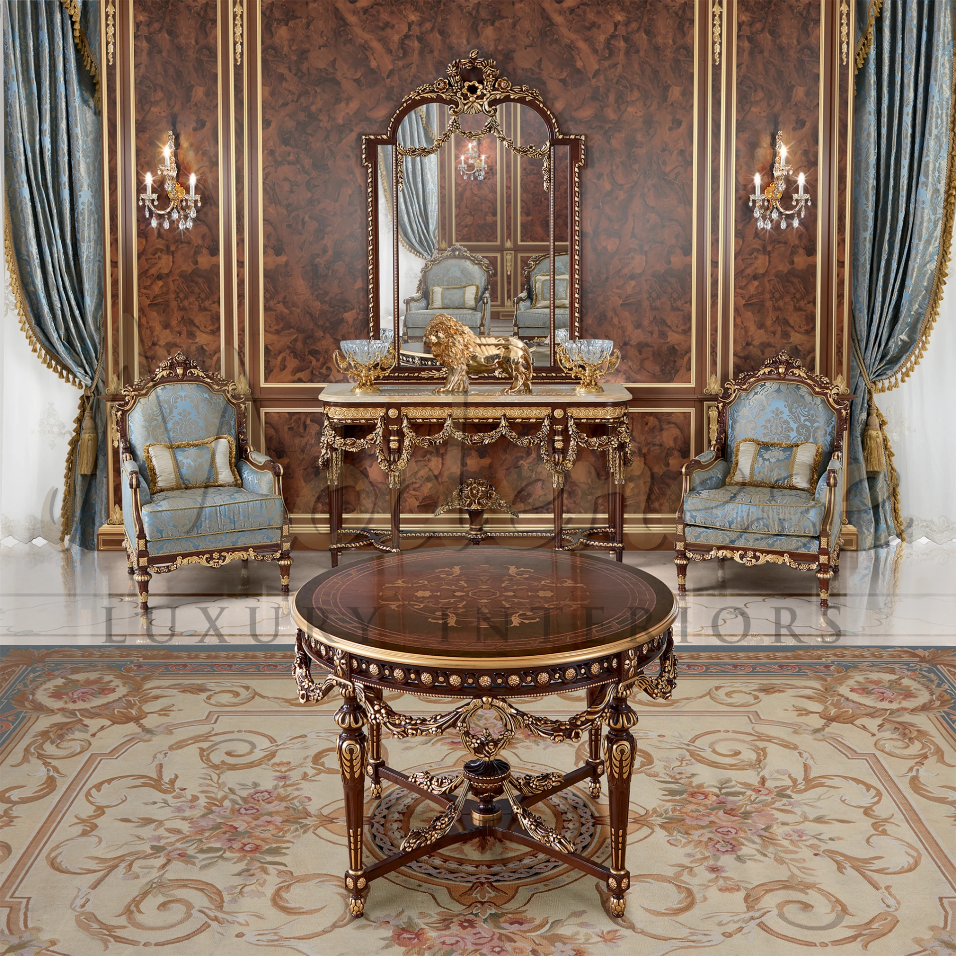 Luxurious Empire Armchair in light blue, featuring classic walnut finishing and gold leaf details for a stylish interior addition.
