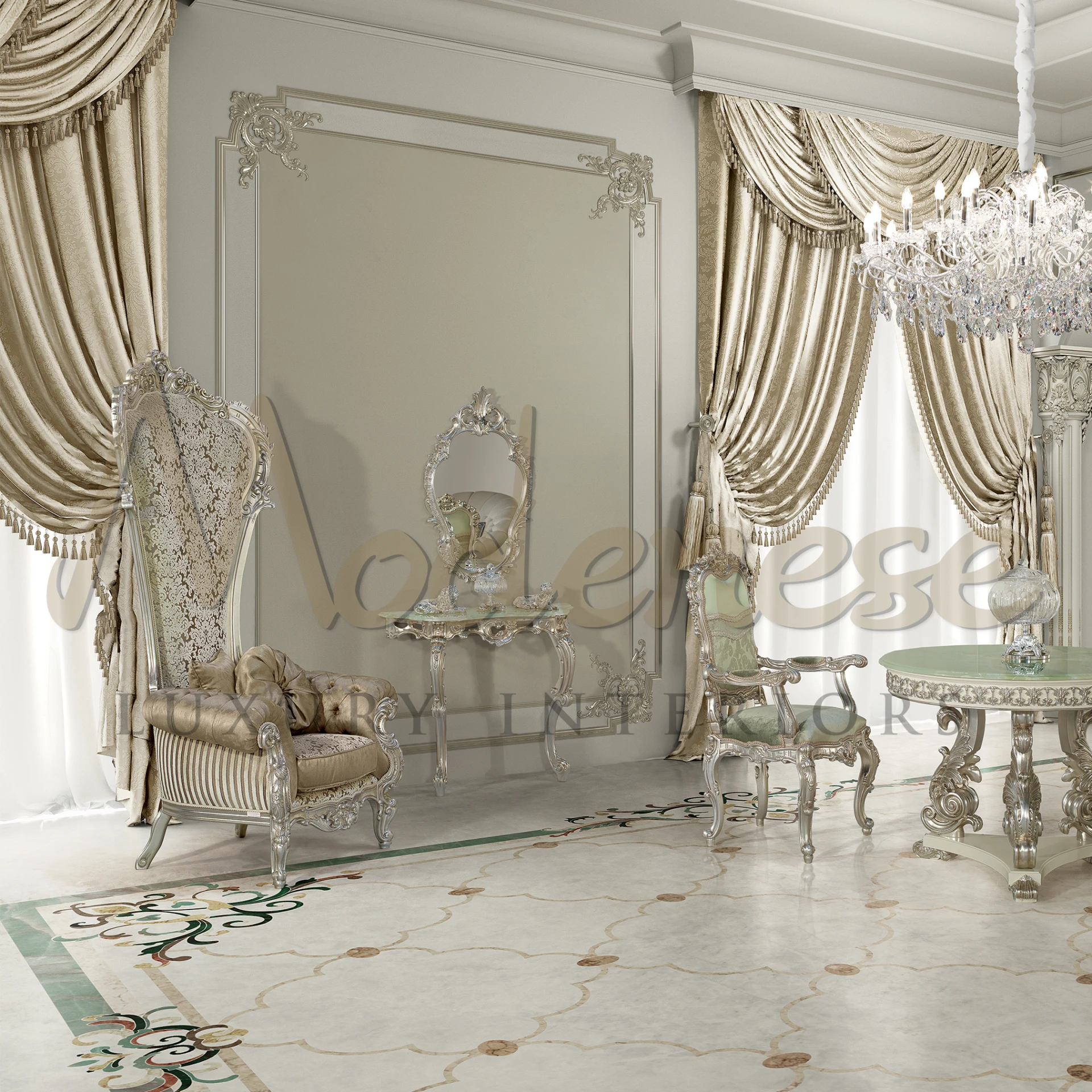 Grand Elegant Throne with pattern fabric and solid wood structure, silver leaf accents for a sophisticated and royal seating experience.
