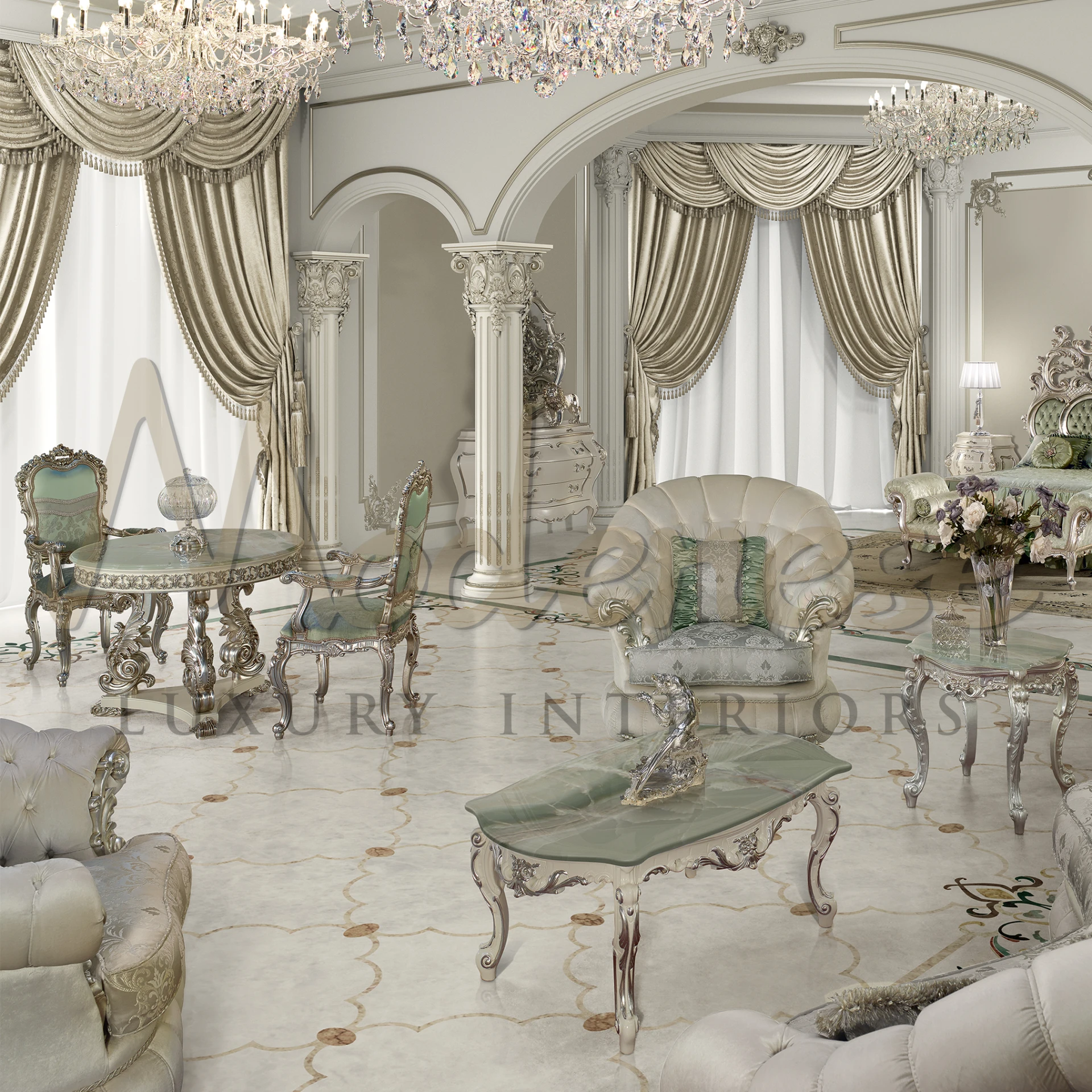 Sophisticated Curvy Armchair with nailhead trim and silver leaf finishing, embodying classic luxury and Italian upholstery.