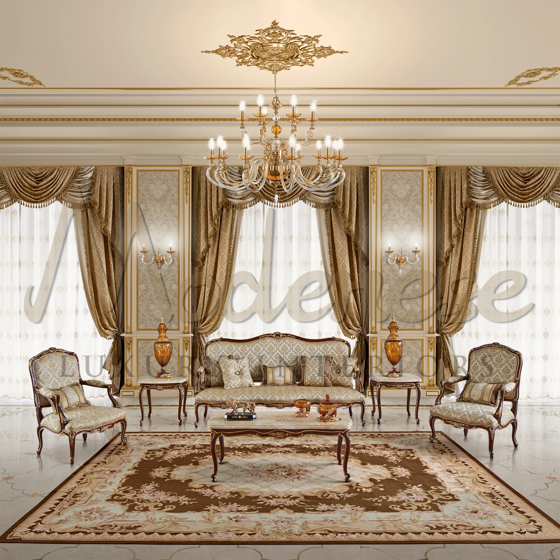 Elegant Beige Armchair with classic walnut and gold leaf details, offering a sophisticated touch to luxury furniture collections.