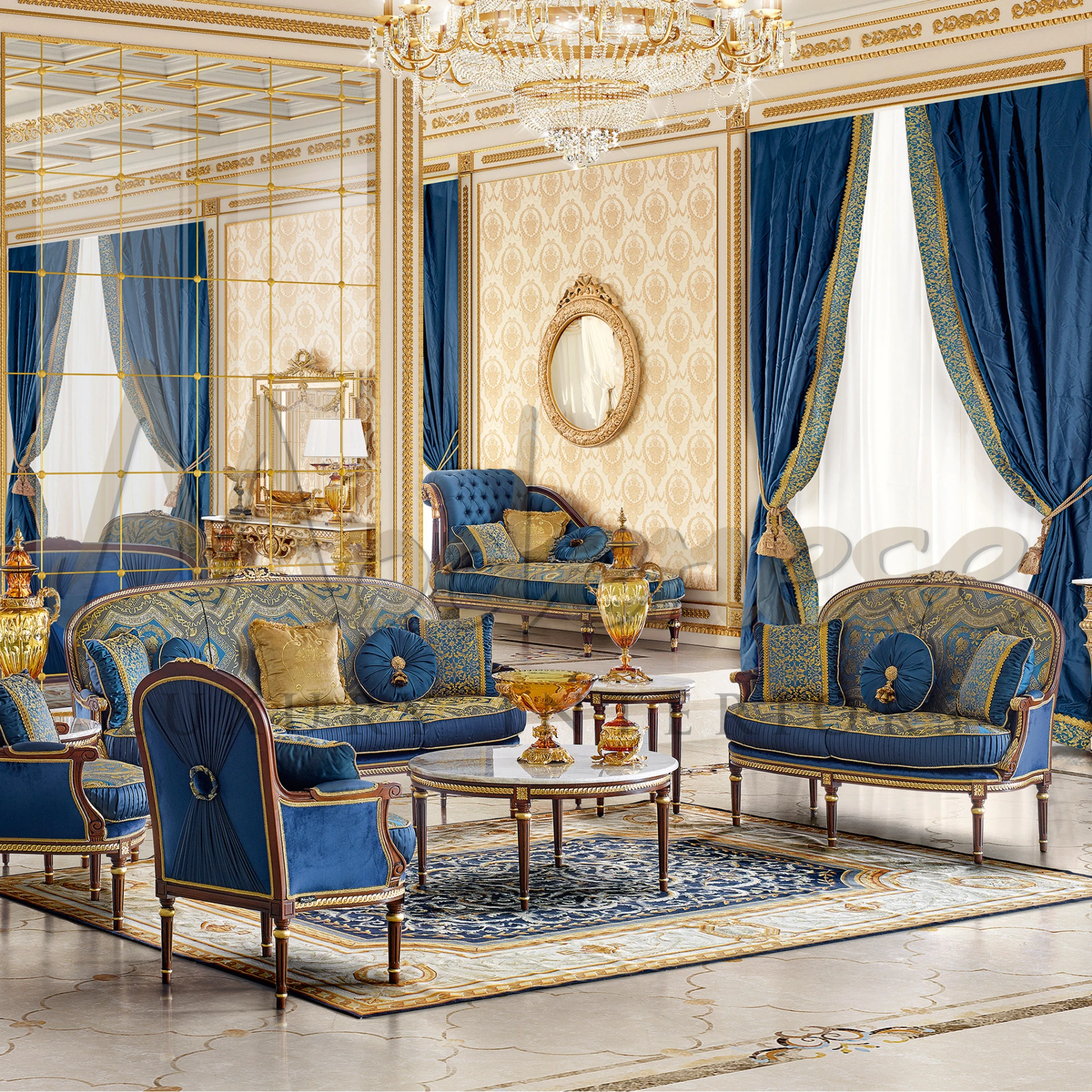 Luxurious Venetian Sofa in blue velvet, featuring classic walnut finishing and gold leaf details for an elegant room touch.
