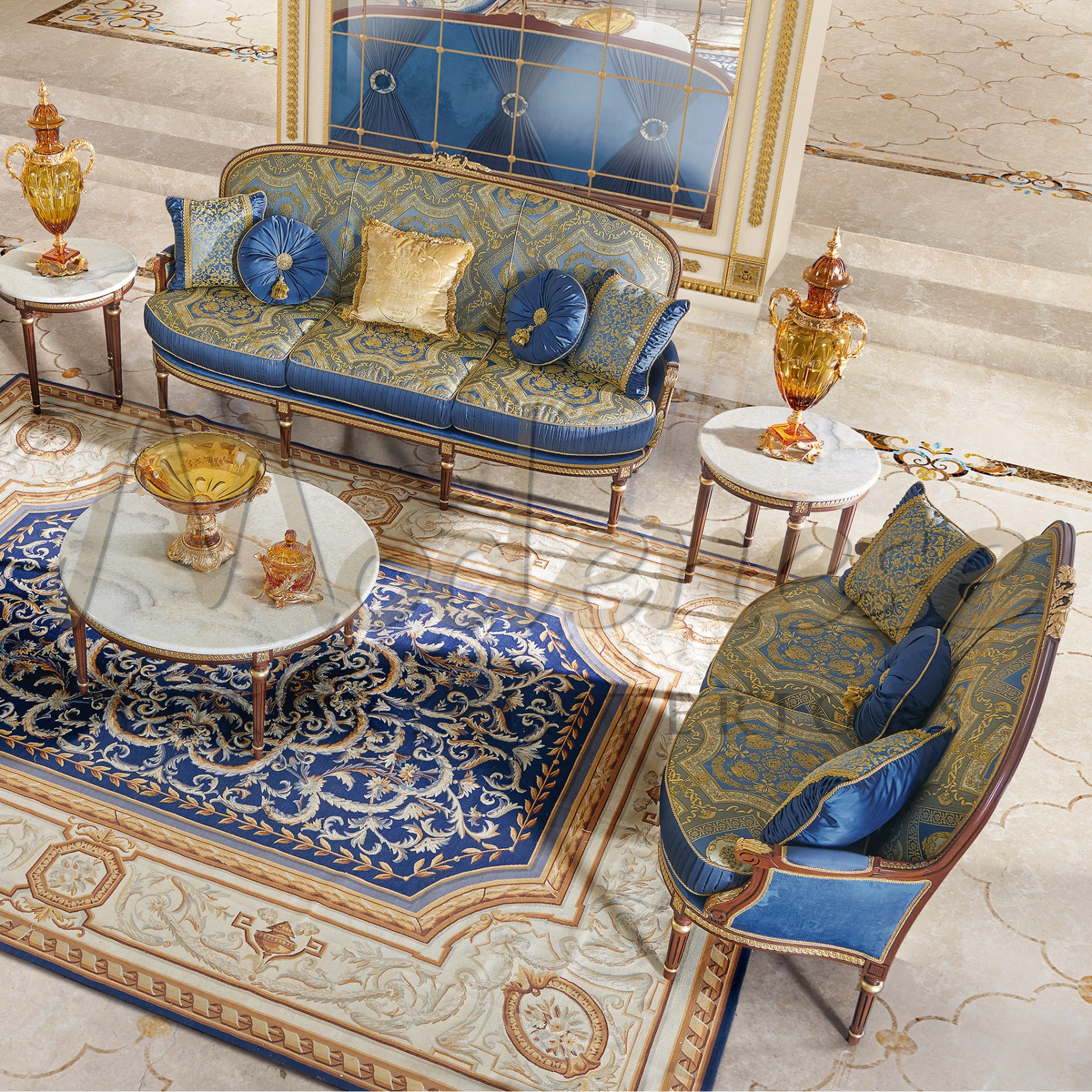 Iconic Refined Venetian Sofa with Italian design, offering a romantic and classic touch with its detailed wood structure.
