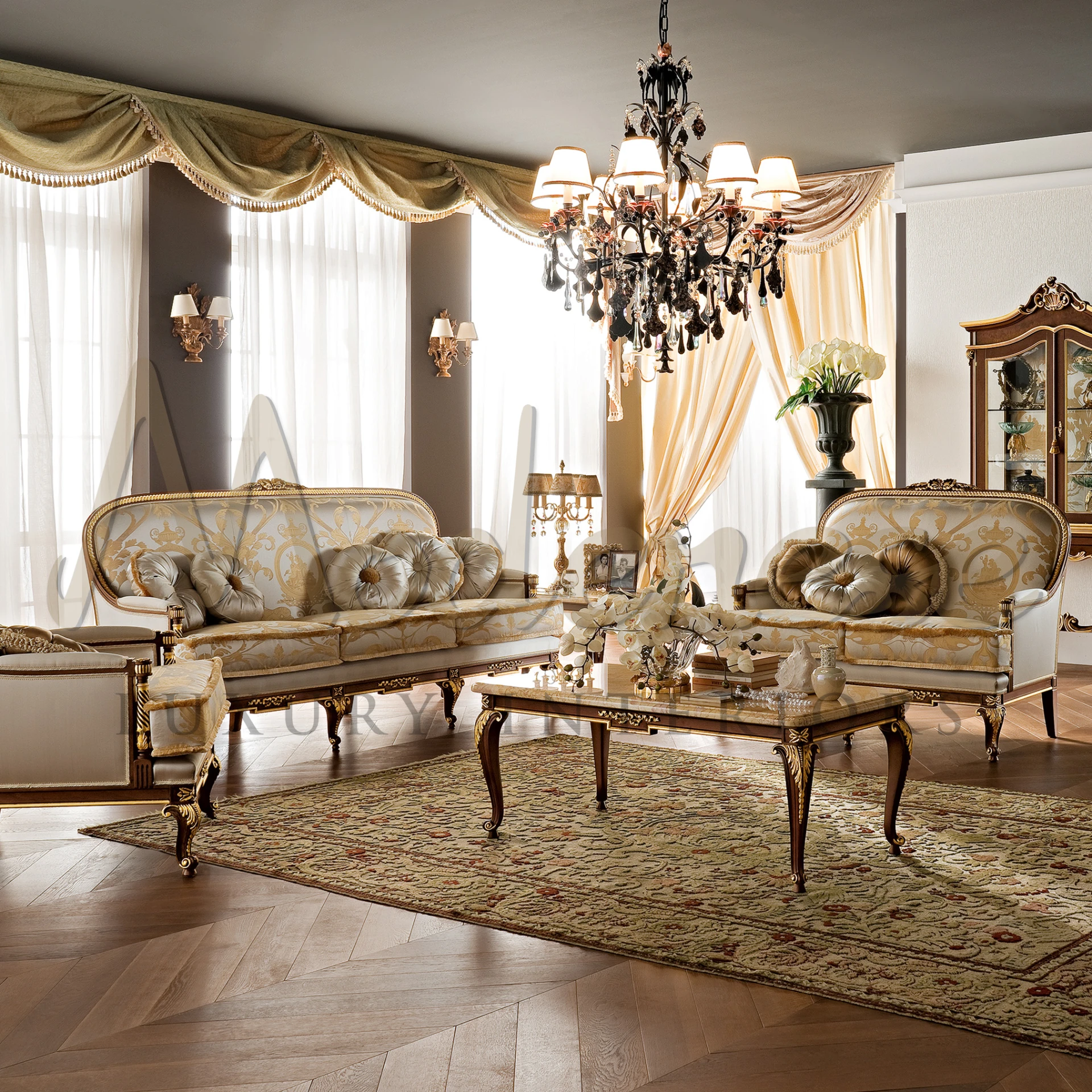 Luxurious beige baroque sofa, handmade by cabinetmakers, perfect as a living room centerpiece with its classic walnut finish.