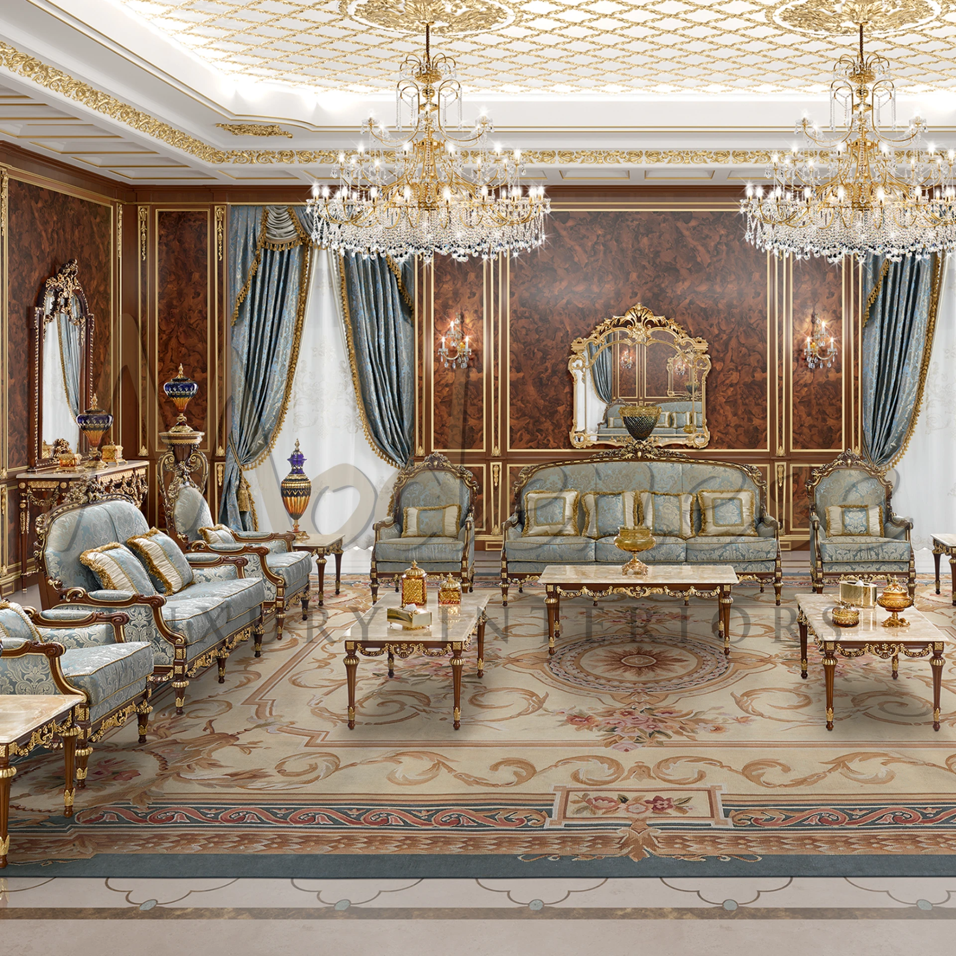 Elegant Imperial Sofa with unique motifs by Modenese Furniture, bringing imperial grandeur and comfort to high-end villas.