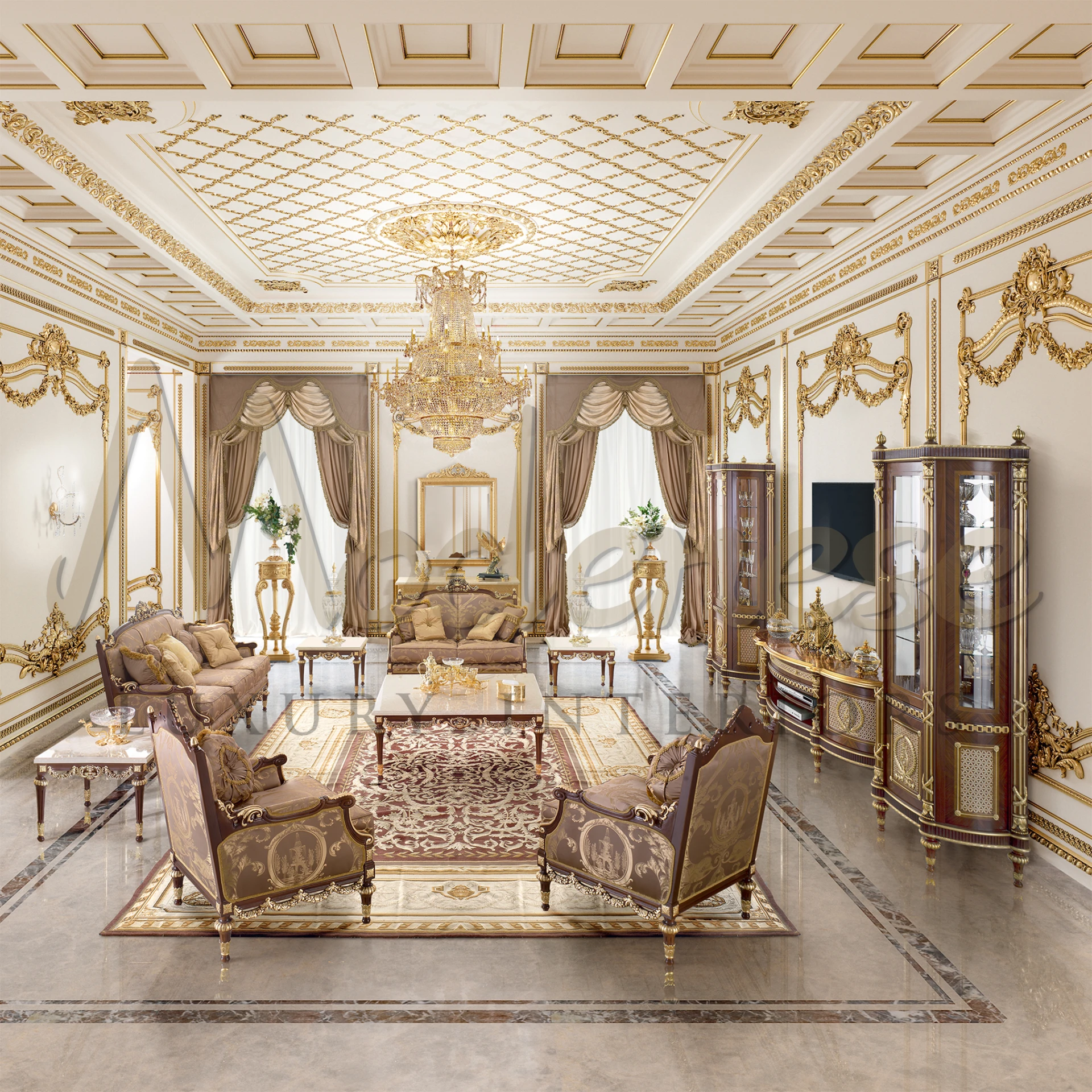 Opulent Royal Brown Sofa with pattern fabric, embodying Italian luxury and refined furniture design by Modenese.
