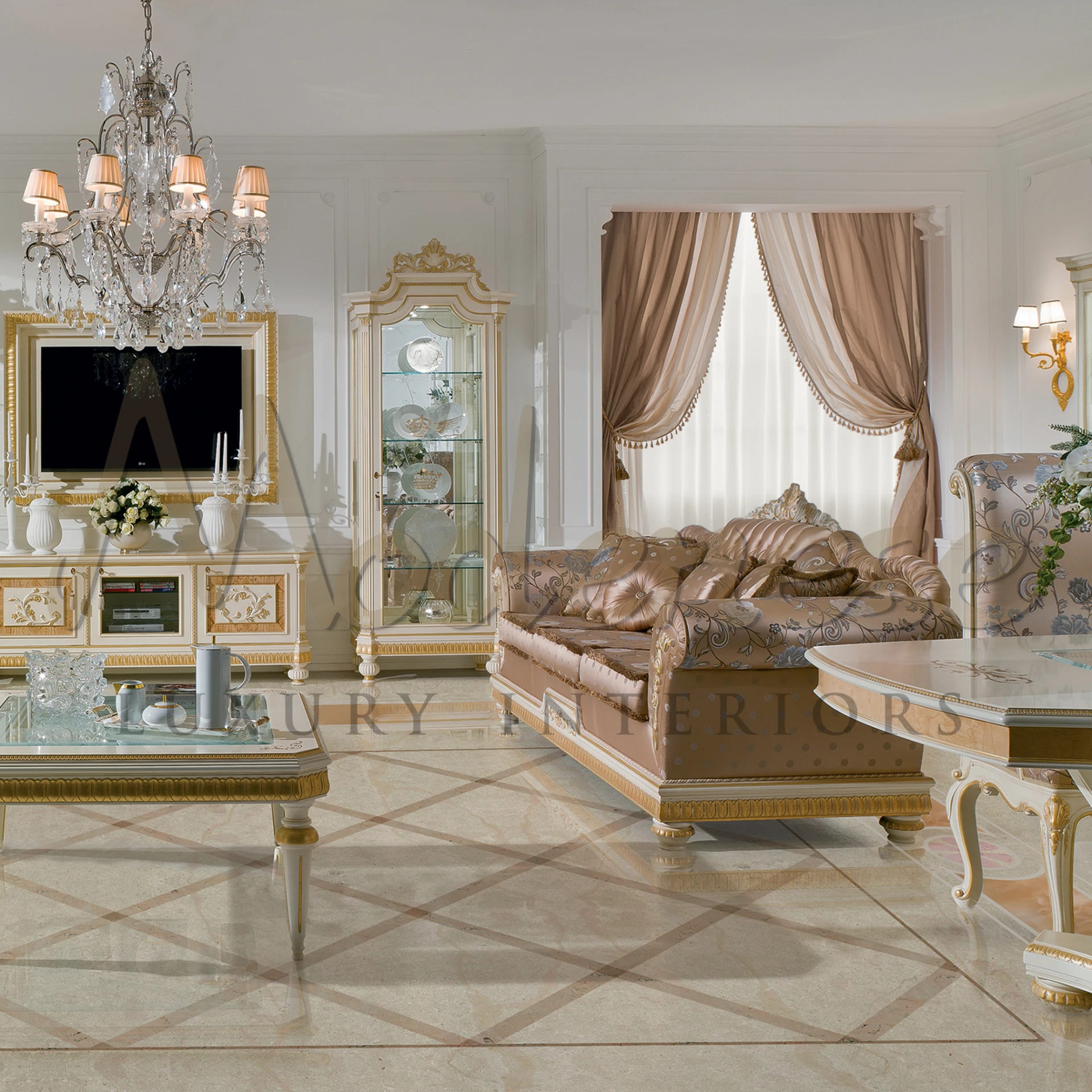 Classical Beige Floral Upholstered Sofa, blending baroque design with modern luxury for a unique 3-seater seating experience.